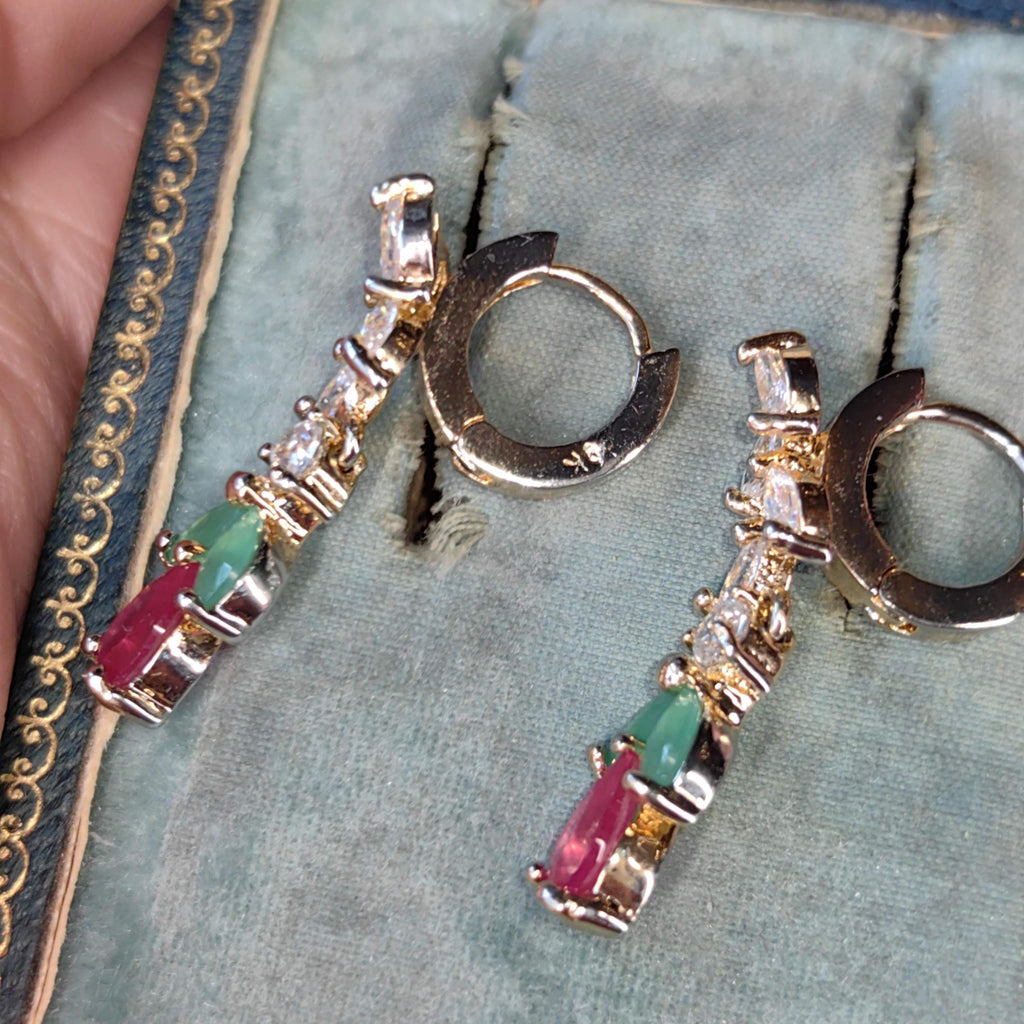 9k Gold Floral Dangle Earrings: Ruby, Emerald & Cubic Zirconia