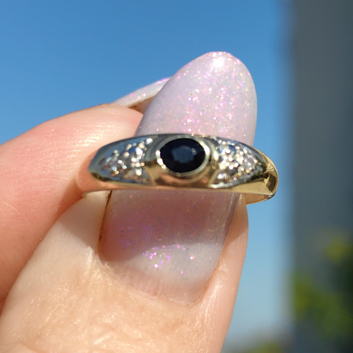 Vintage 14k Solid Yellow Gold Sapphire & Diamond Gypsy Band Ring, 585 Hallmarked Engagement or Anniversary Gift for Her