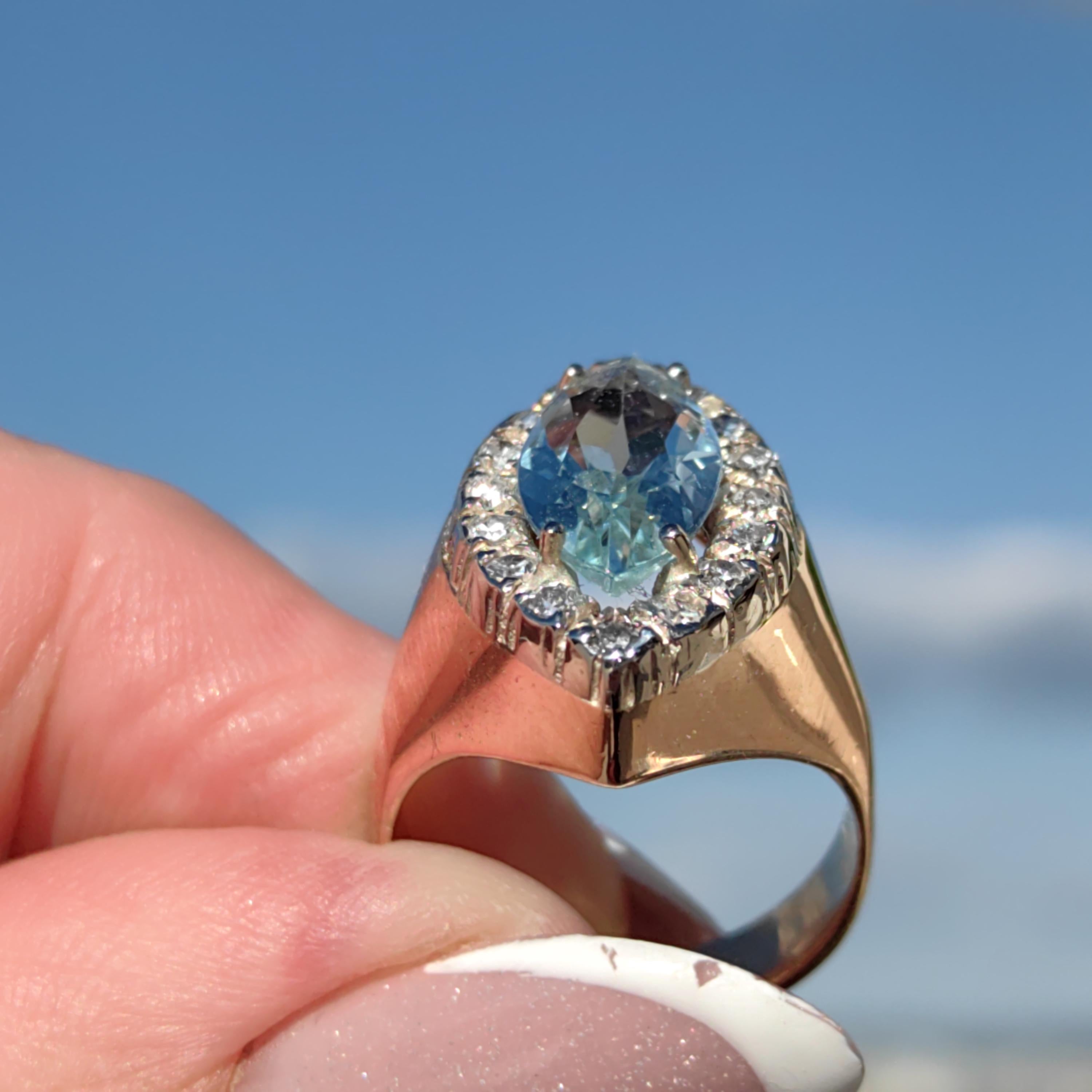 Vintage Art Deco Aquamarine Diamond Ring: 14k Yellow Gold Marquise Cut