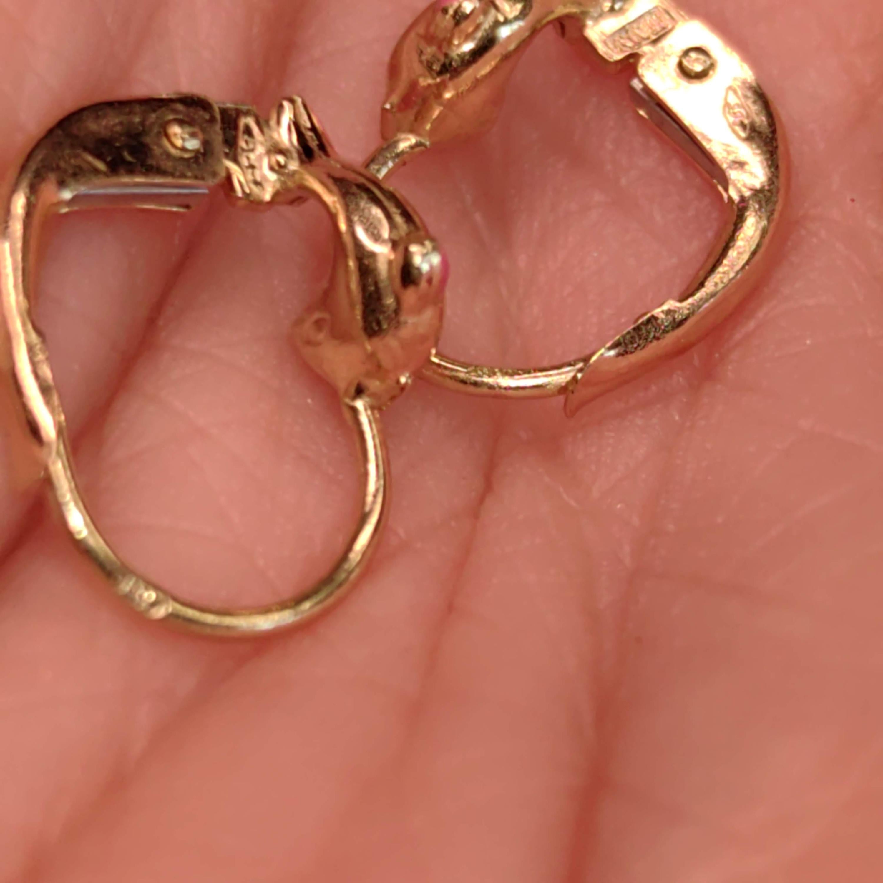 14k Solid Yellow Gold Enamel Pink Dolphin Cute Sleepers Lever Back Earrings, Vintage Ocean Sea Nautical Adorable Jewellery