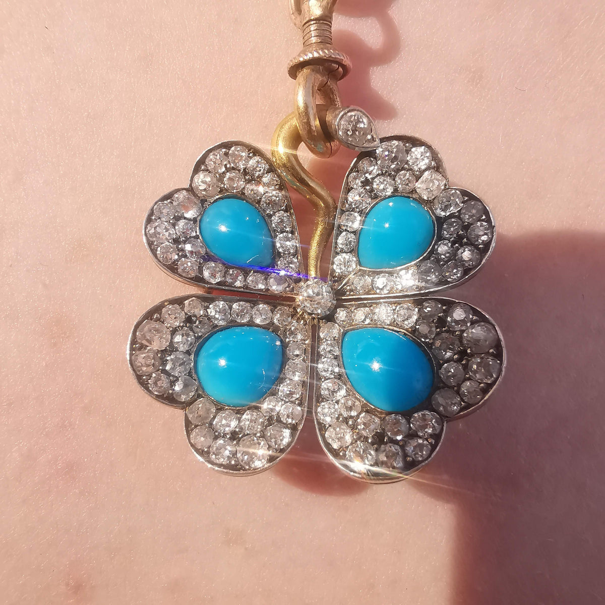 Art Nouveau 18K Gold Turquoise Diamond Pendant Necklace, Antique 1900s Four Leaf Floral Charm, Old European Cut Jewelry