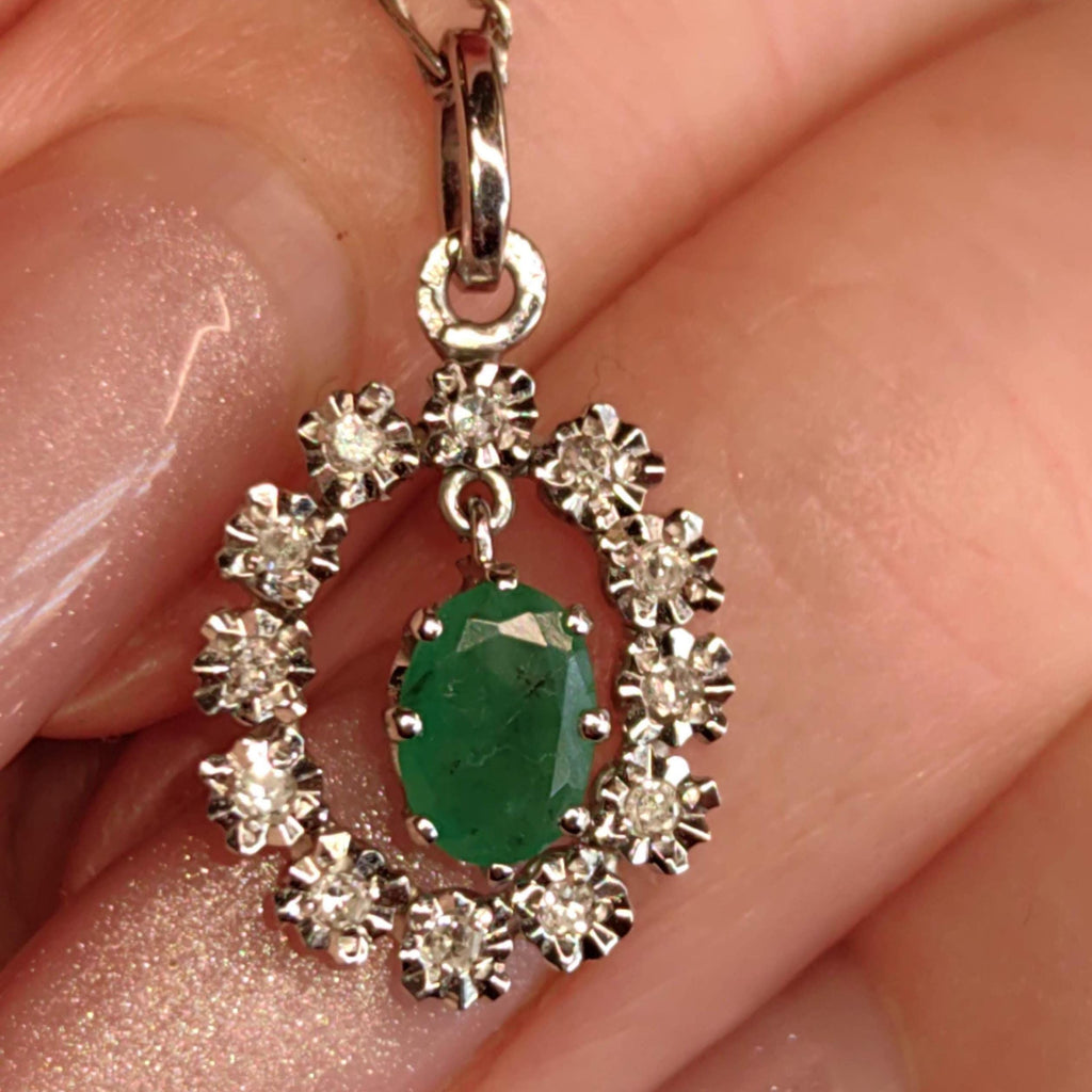 Natural Emerald and Diamond 14k Solid White Gold Dangle Charm Pendant Elegant Dainty Vintage Gift her Present