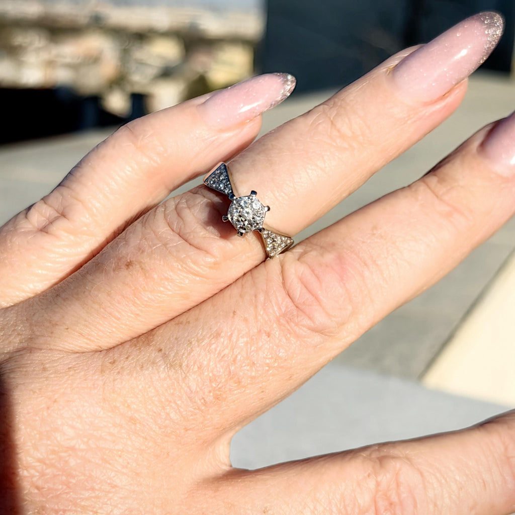 Vintage Diamond Cluster Ring: 14k White Gold Engagement Ring, Size 6.5