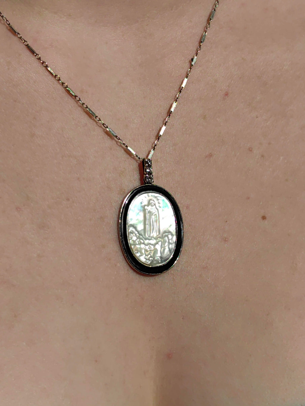 Art Deco 1920s 14k Solid Yellow Gold Jesus Pendant Natural Diamond, Mother of Pearl & Onyx Handmade Gift for her Present