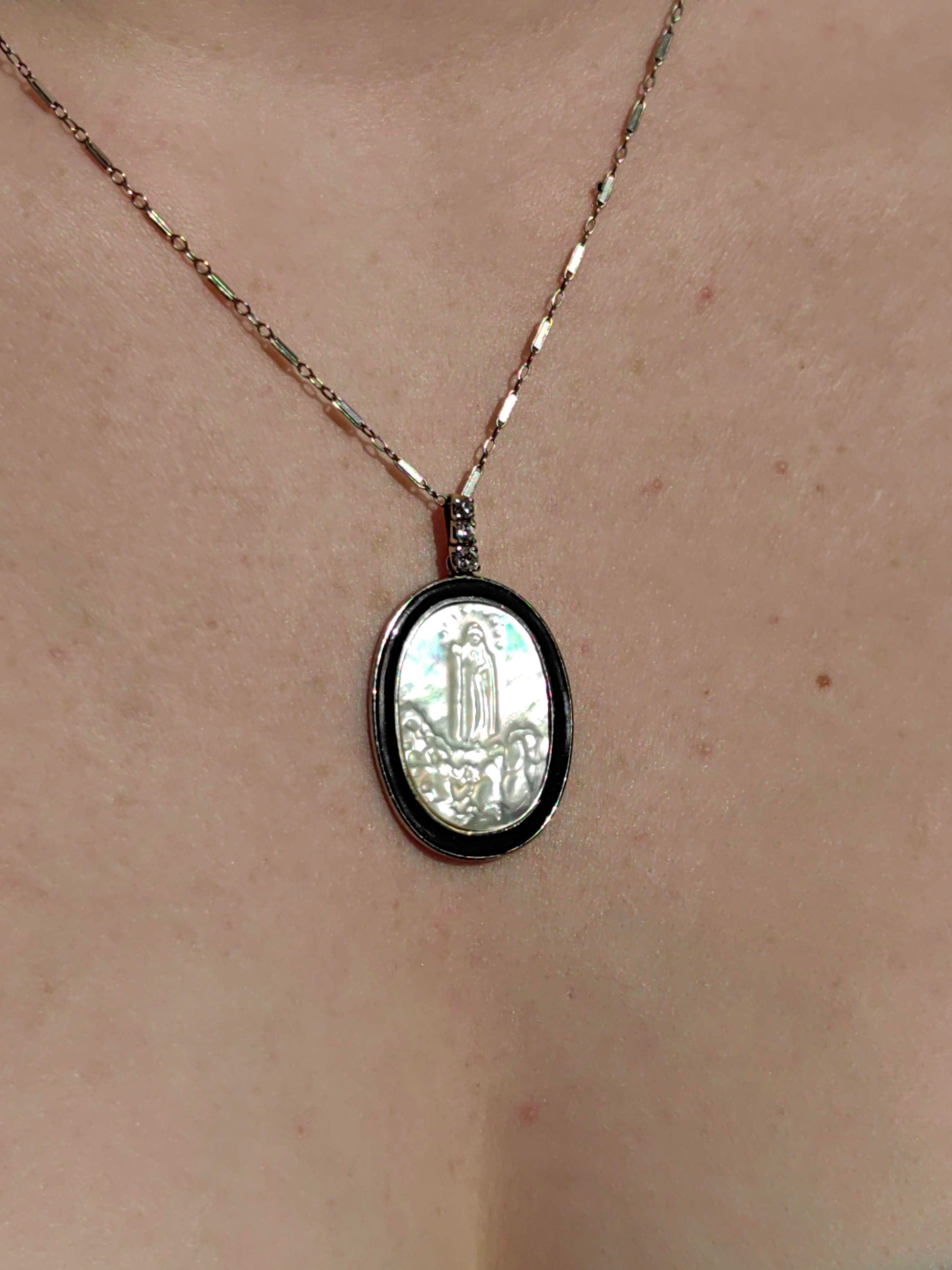 Art Deco 1920s 14k Solid Yellow Gold Jesus Pendant Natural Diamond, Mother of Pearl & Onyx Handmade Gift for her Present