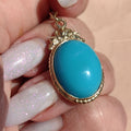 Art Deco 1920s Turquoise large oval quality natural mined Solid 14k Hallmarked Yellow Rose Gold Pendant Charm Necklace gift
