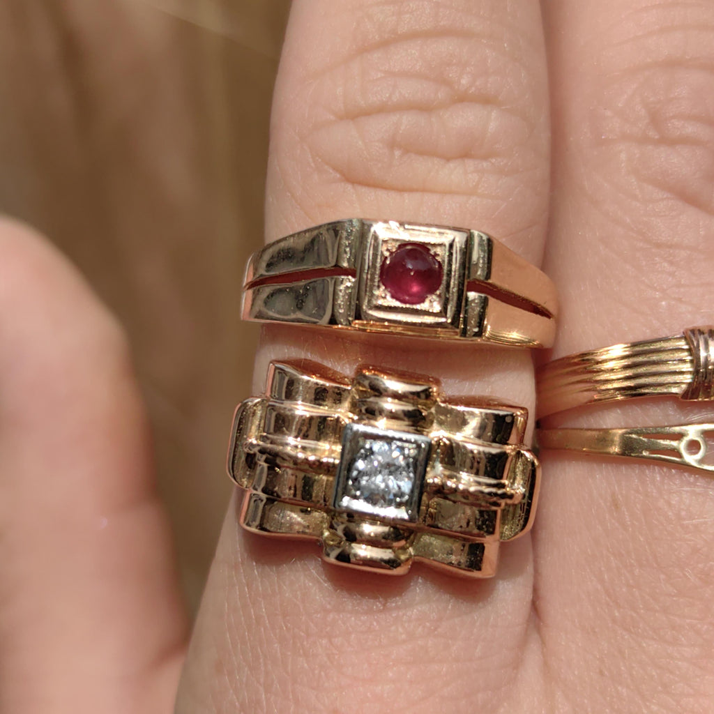 Art Deco Ruby Ring: 14K Yellow Gold Geometric Vintage Engagement