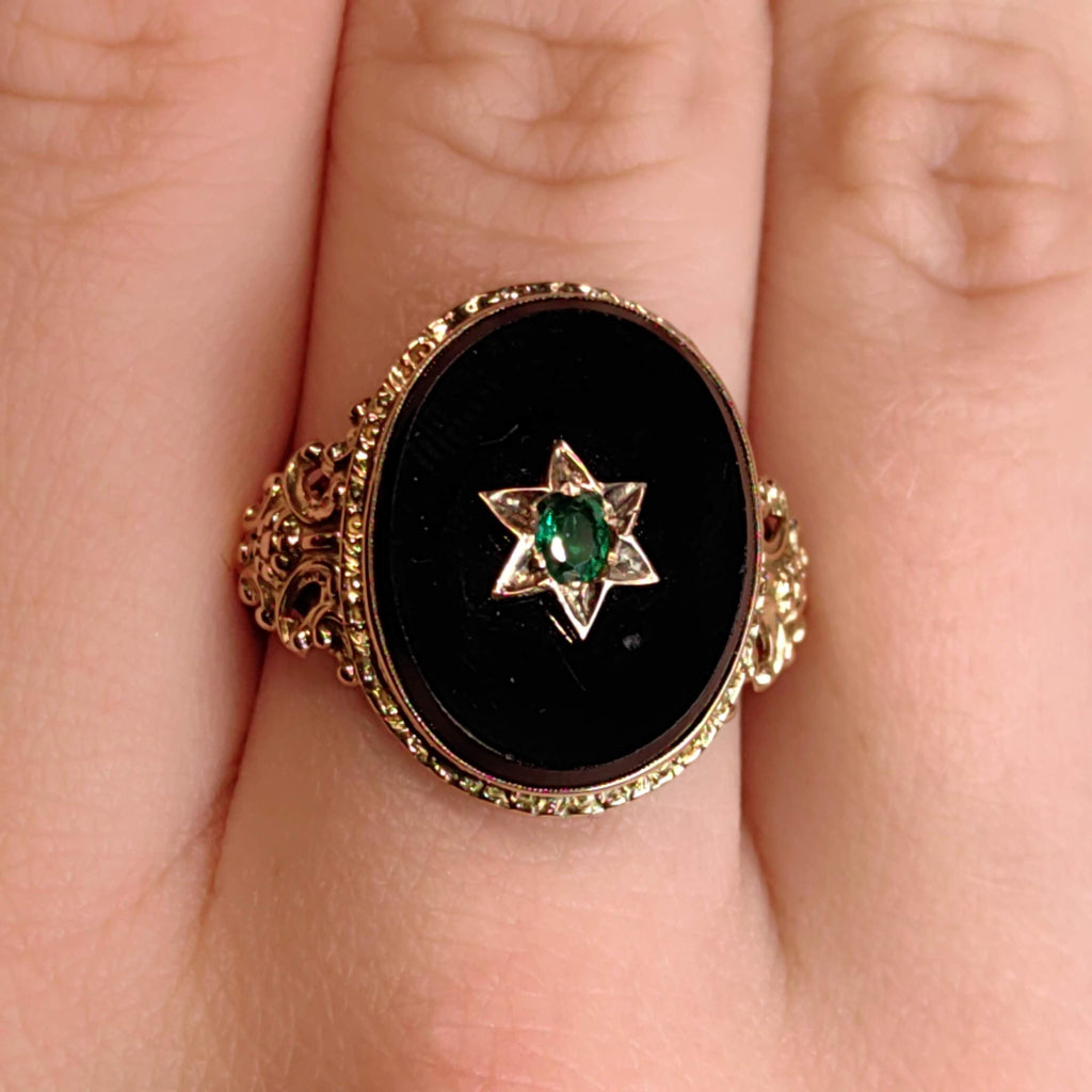 1920s Art Deco Natural Emerald Black Onyx 14k Gold Judaica Star of David Ring, Antique Geometric Statement Ring, Gift for Her