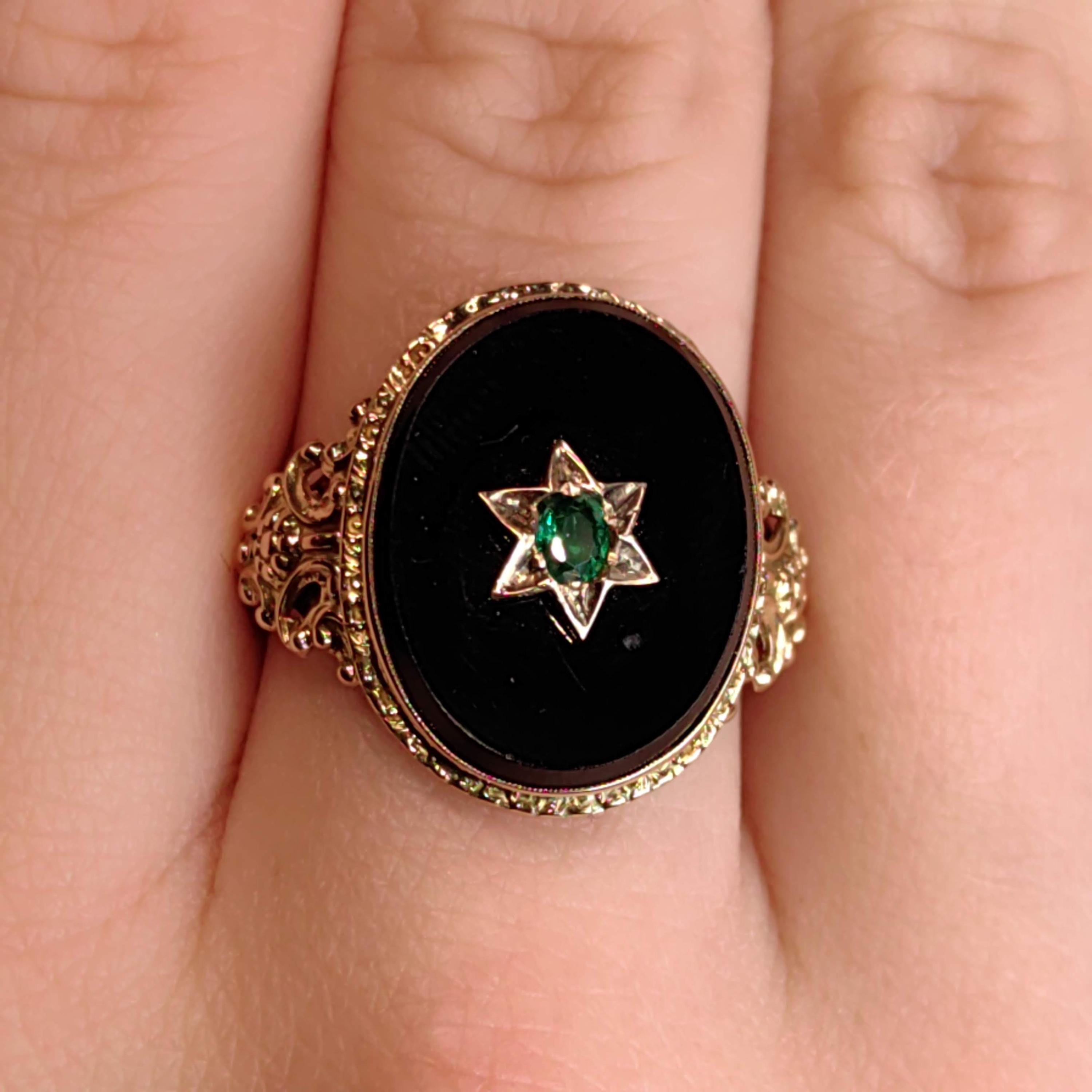 1920s Art Deco Natural Emerald Black Onyx 14k Gold Judaica Star of David Ring, Antique Geometric Statement Ring, Gift for Her
