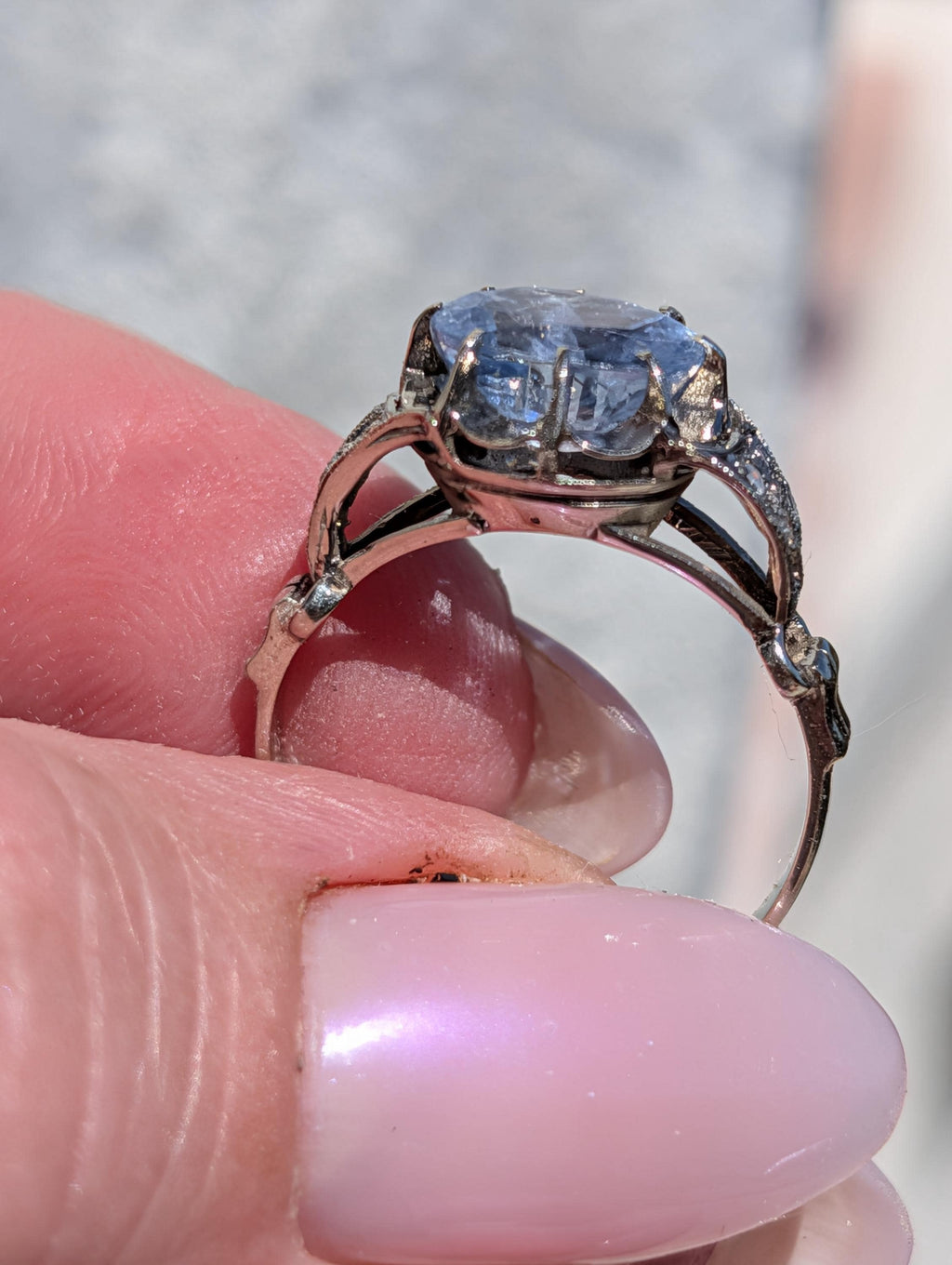 1910s Edwardian Natural Sapphire Diamond Ring 14k White Gold Cornflower Genuine Blue Sapphire Engagement Art Deco, Size 7.5 US.