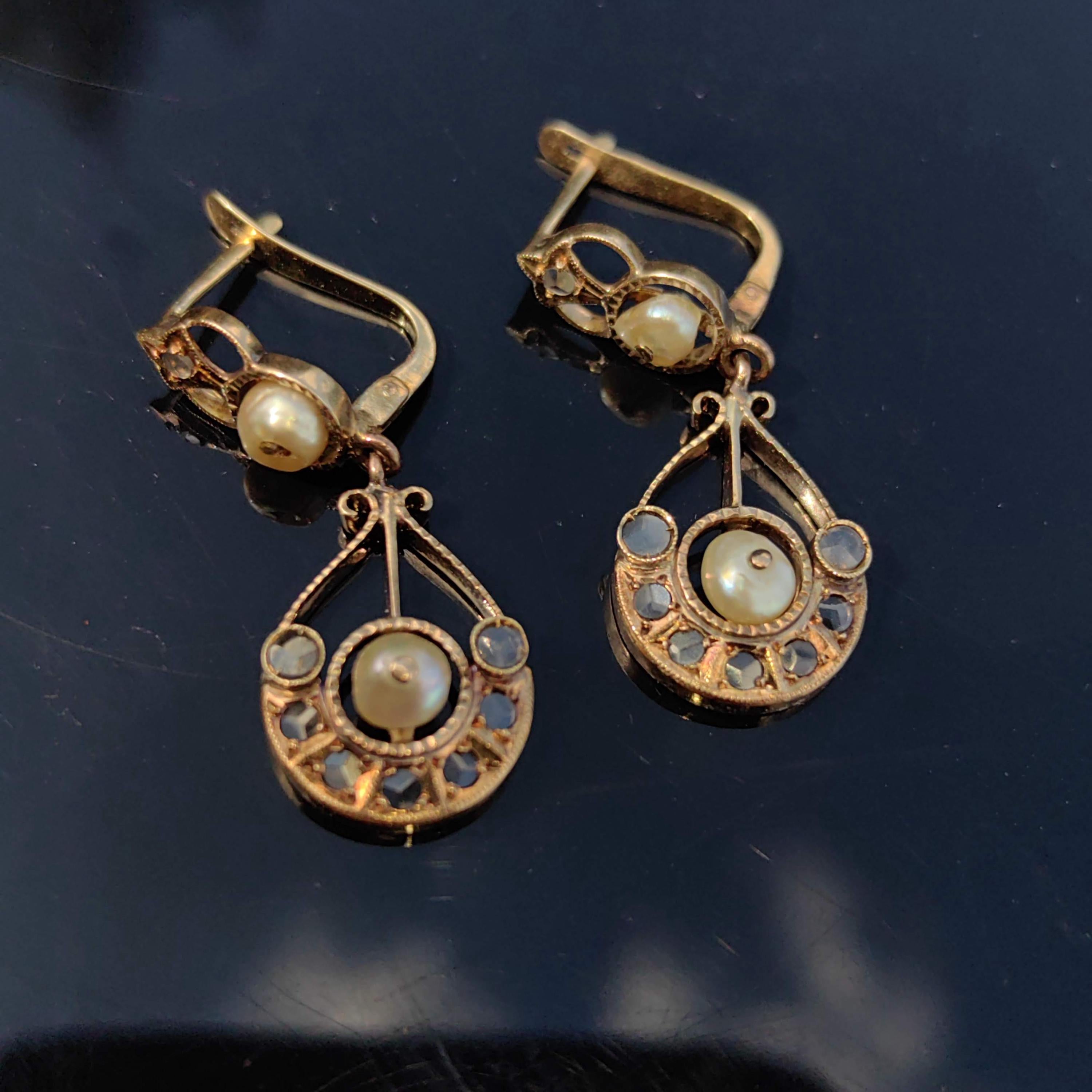 Antique 18k Gold Pearl Rose Cut Diamond Earrings: Victorian Dangle Drop
