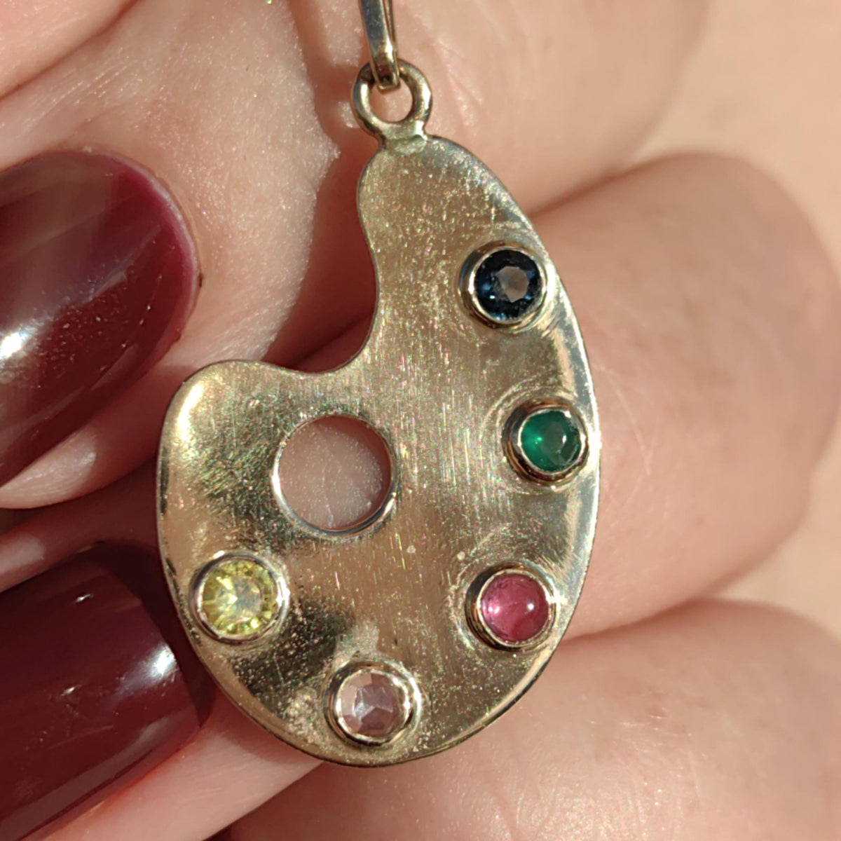 Vintage Solid Hallmarked Gold Paint Colourful Emerald Sapphire Ruby Citrine Diamond Multi Stone Pendant Art Painter Artist Creative Charm