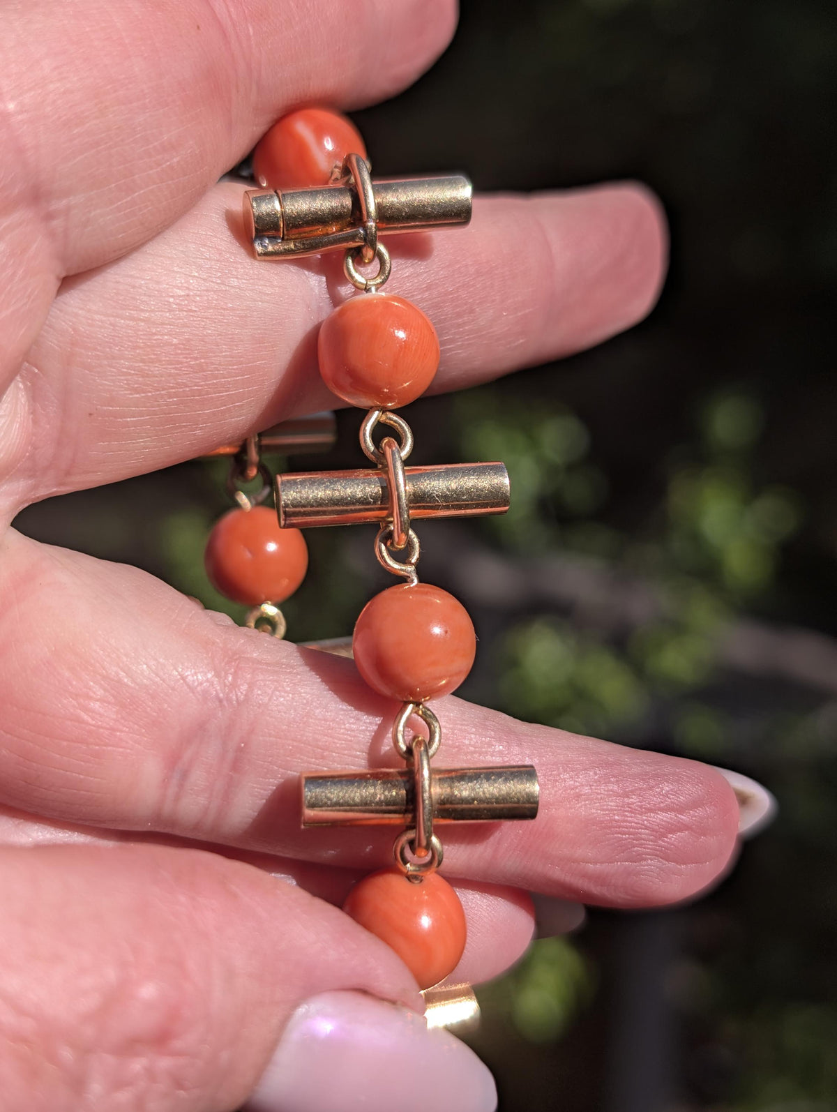 Antique 18kt Champagne Gold Natural Coral Bracelet, Hungarian Import Hallmarked Chain, Red Orange Mediterranean Coral Chic Boho Gift Her Him