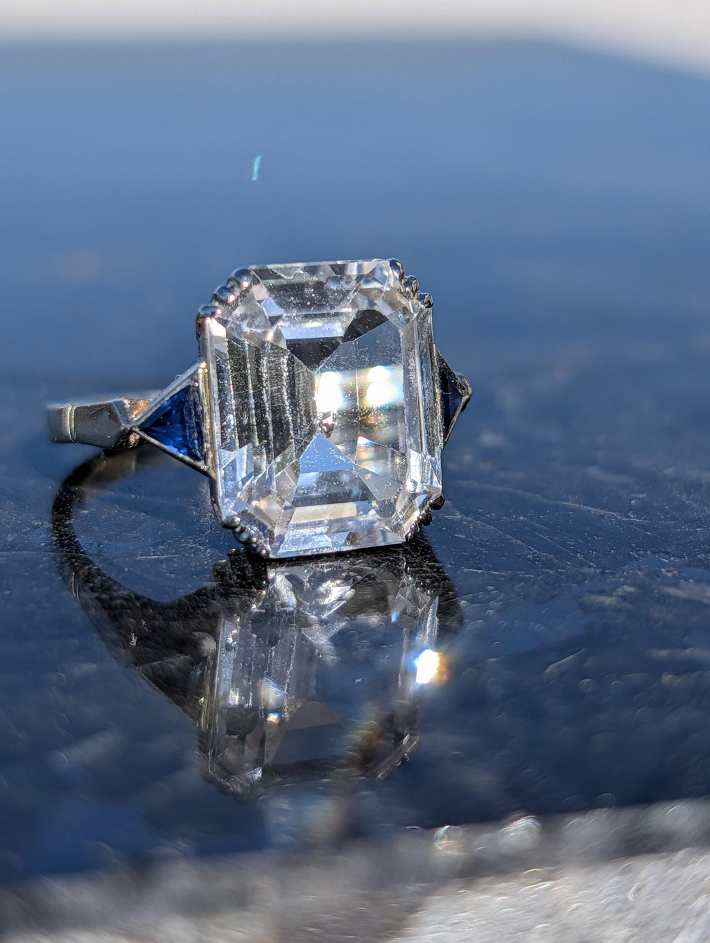 RESERVED!! French Art Deco Goshenite Sapphire Ring, 18k Gold Emerald Cut Beryl Cocktail Ring