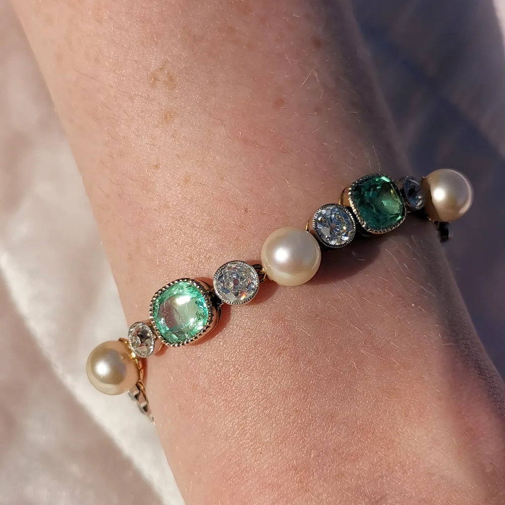 Victorian 18k Gold Bracelet: Antique Diamond, Emerald & Pearl Art Nouveau Jewelry