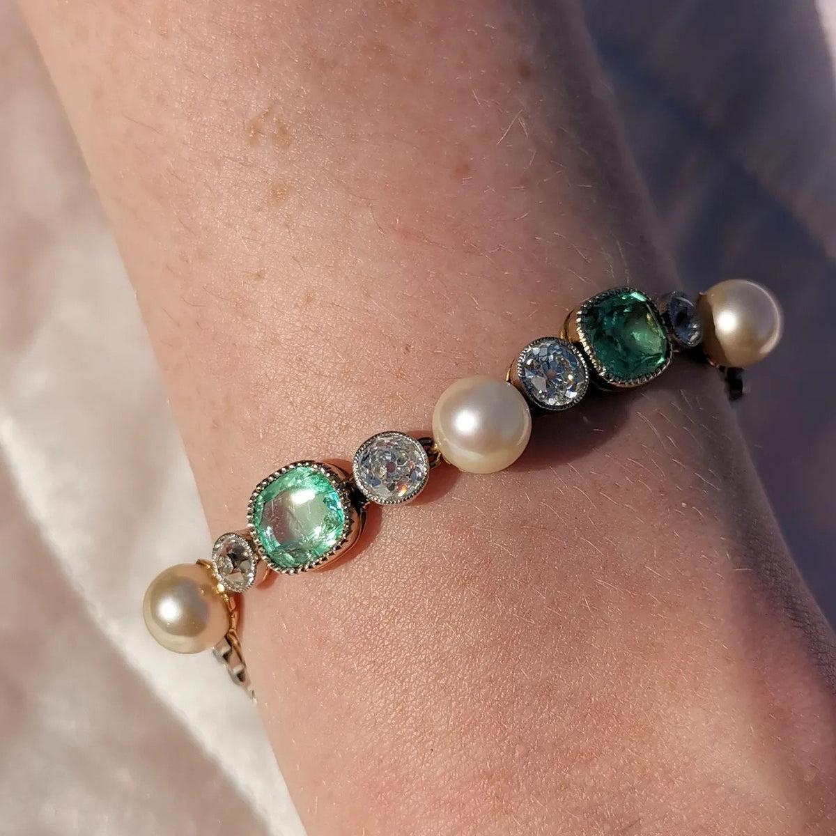 Victorian 18k Gold Bracelet: Antique Diamond, Emerald & Pearl Art Nouveau Jewelry