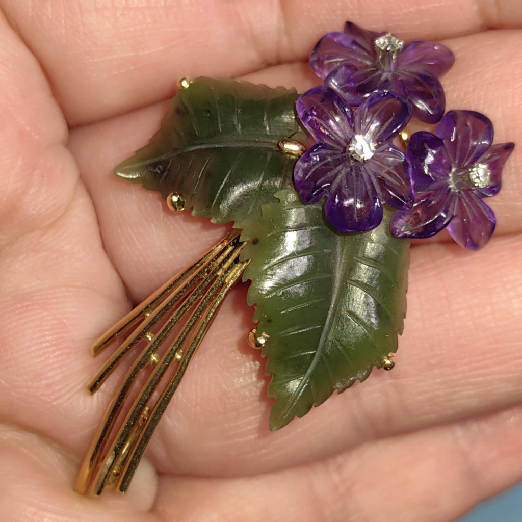 Antique 18k Gold Floral Brooch: Carved Amethyst, Jade & Diamond Violet Pin