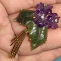 Antique 18k Gold Floral Brooch: Carved Amethyst, Jade & Diamond Violet Pin