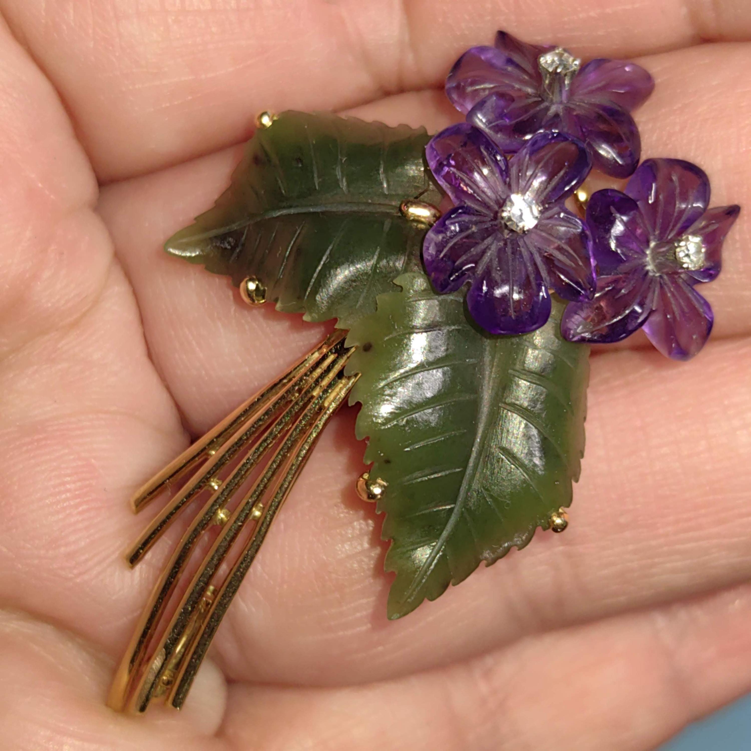 Antique 18k Gold Floral Brooch: Carved Amethyst, Jade & Diamond Violet Pin