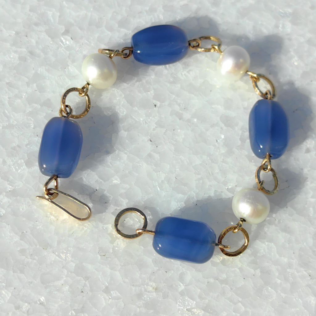 1960s Blue Chalcedony Pearl Bracelet: 18k Gold Beaded Chain