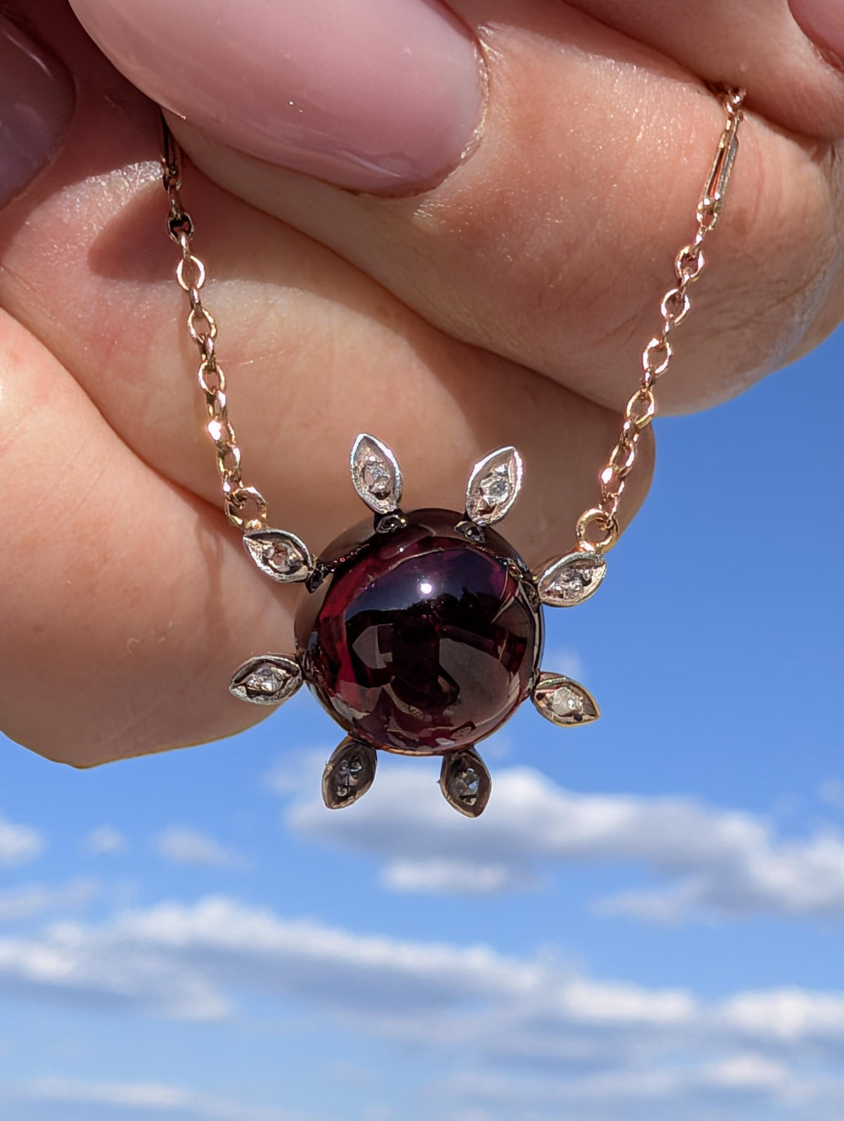 Victorian Garnet Necklace 14K Gold Floral Pendant Antique 1890s Handmade Red Cabochon Garnet Charm Vintage Necklace Gift for Her