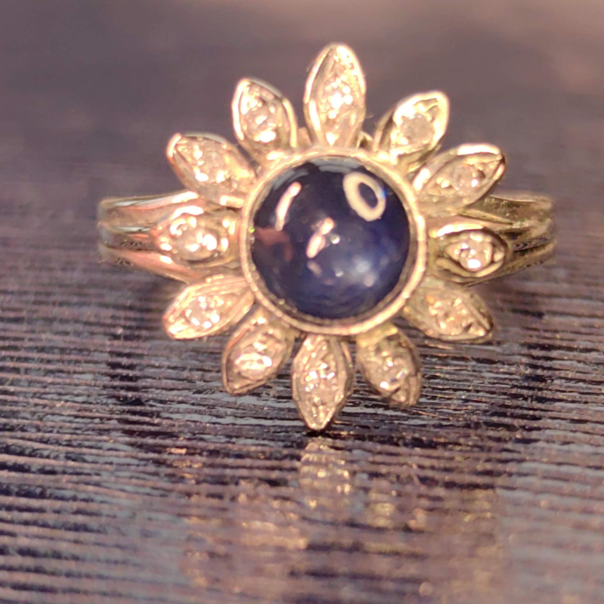 1940s Natural Blue Sapphire Diamond 18k Hallmarked White Gold Mid Century Flower Floral Engagement Antique Elegant Ring Gift for Her