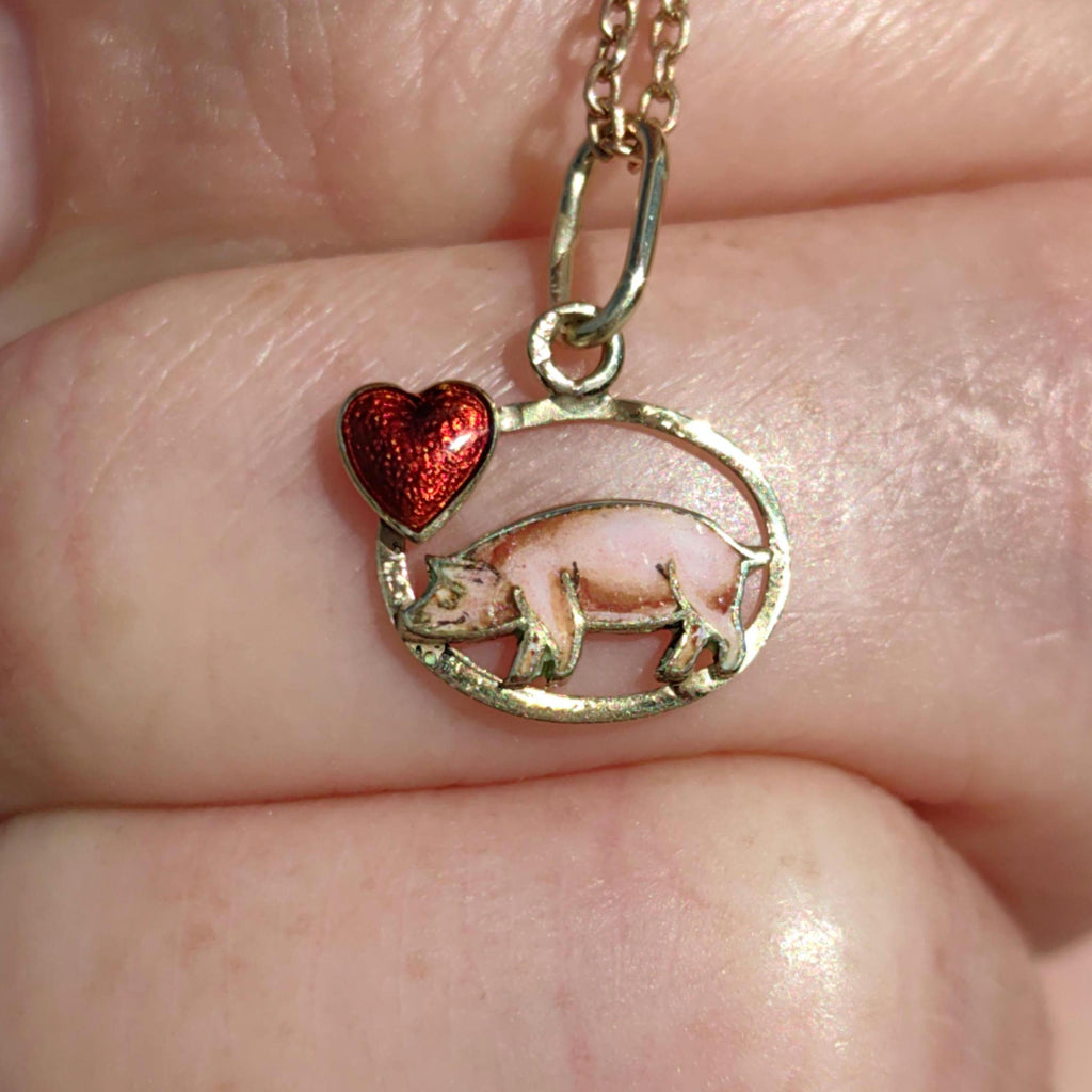 14k Gold Fire Enamel Pig Pendant: Art Nouveau Farm Charm