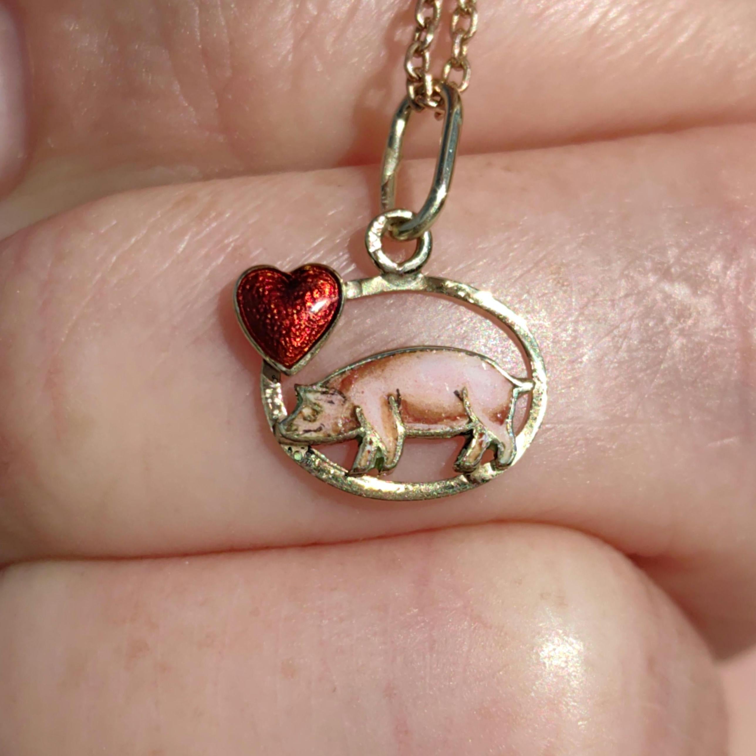 14k Gold Fire Enamel Pig Pendant: Art Nouveau Farm Charm