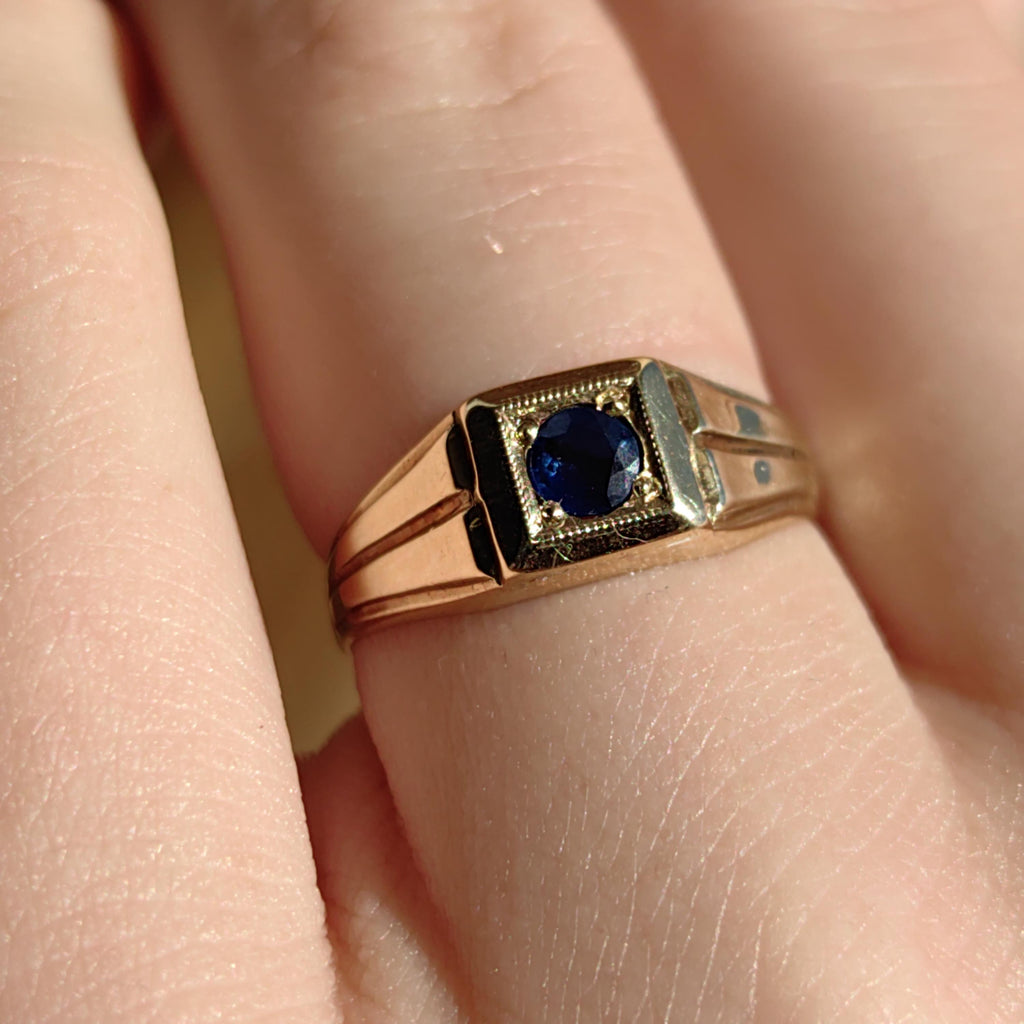 Art Deco Sapphire Ring: 14K Yellow Gold Geometric Engagement Ring