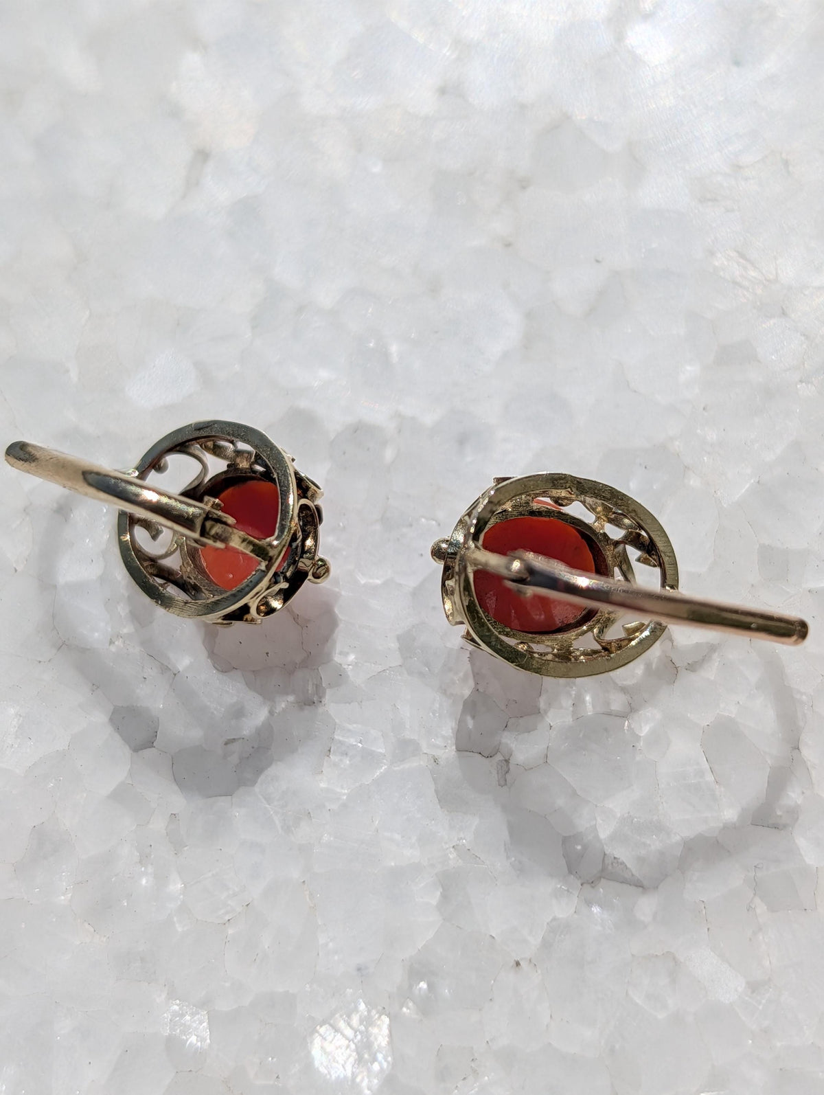 Victorian 1900s 14k Yellow Gold Coral Sleeper Earrings, Antique Oval Red Coral Lever Back Earrings, 9x15mm Art Nouveau US Duty Free HTS 9706