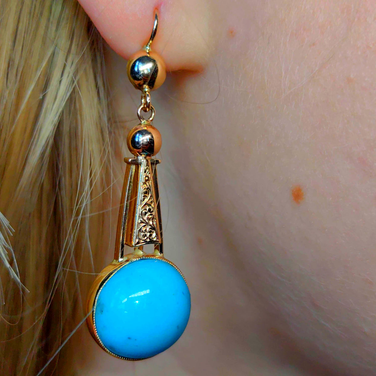 Turquoise 14K Solid hallmarked Yellow Rose Champagne Gold Dangle Drop  Historism 1890s Elegant Vintage Earrings Gift for Her Present