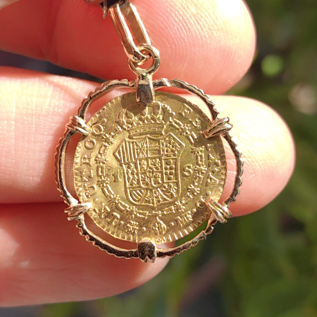 1793 Mexico 22K Gold Escudo Coin Pendant - 18K Gold Frame - King Charles IV