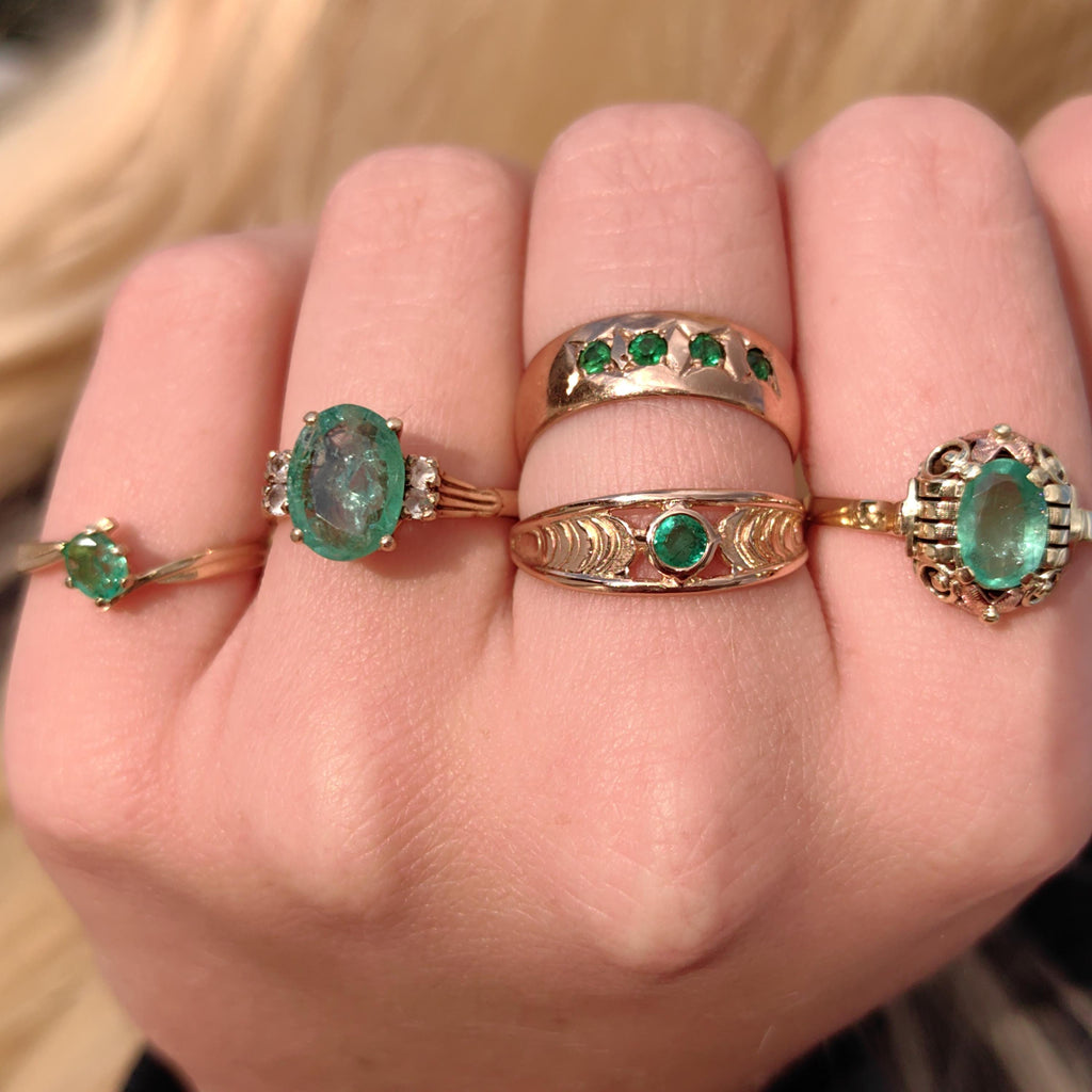 Vintage Mid Century Green Natural Emerald Oval Diamond Solid 14k Yellow Gold Antique Engagement Ring Dainty Stackable Band Gift for Her