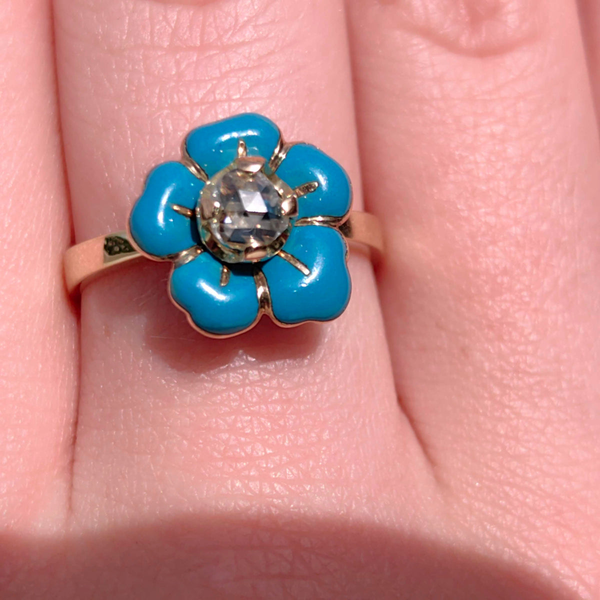 Victorian 14k Gold Diamond Ring: Turquoise Enamel Floral Design
