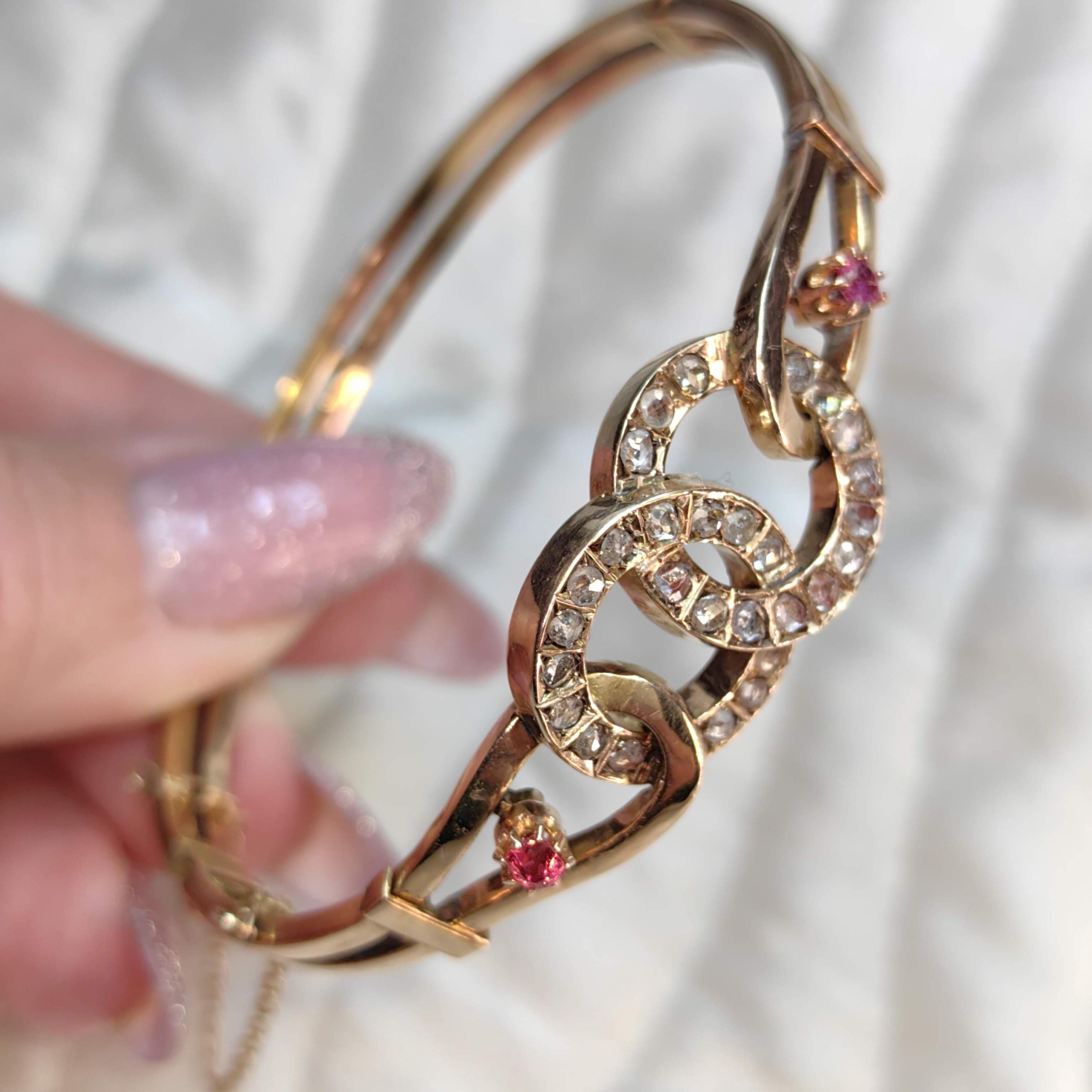 Edwardian Ruby Rose Cut Diamond 18K Gold Bangle Bracelet