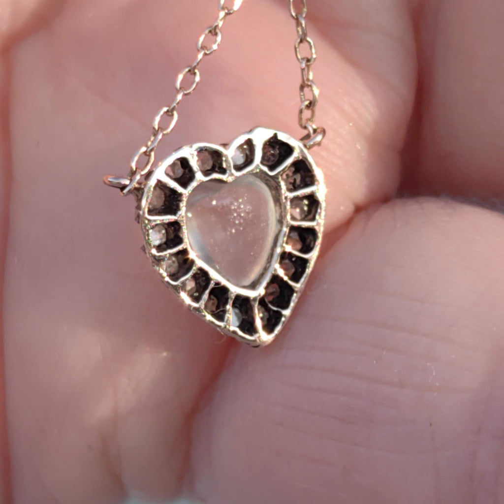 Victorian Diamond Moonstone Heart Pendant 14k Solid Yellow Gold with Chain Vintage Dainty wedding Elegant Love Jewelry Valentines Gift