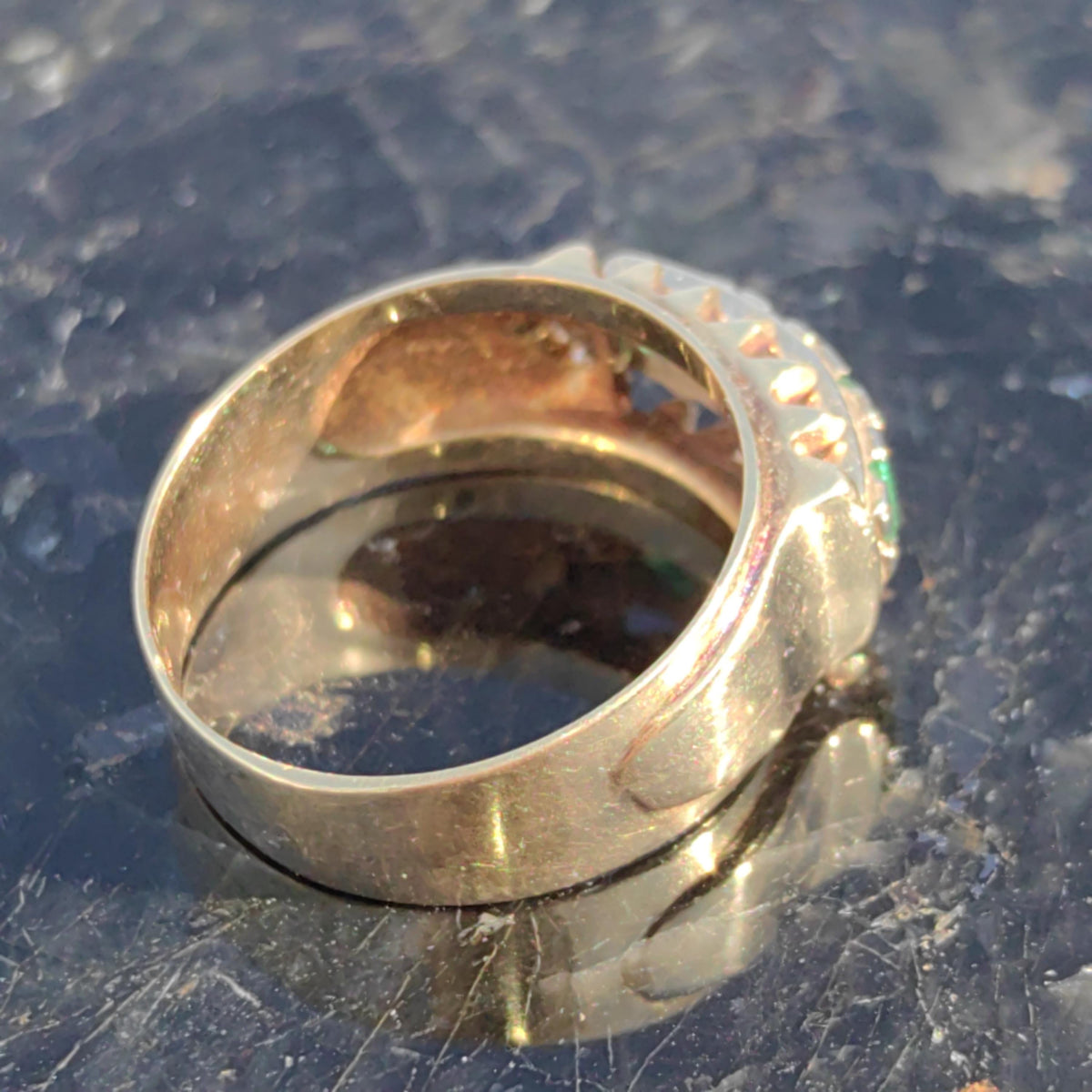 Original Mid century Antique Vintage Genuine Emerald Solid Yellow Gold and Silver Setting Elegant Stackable Band Ring