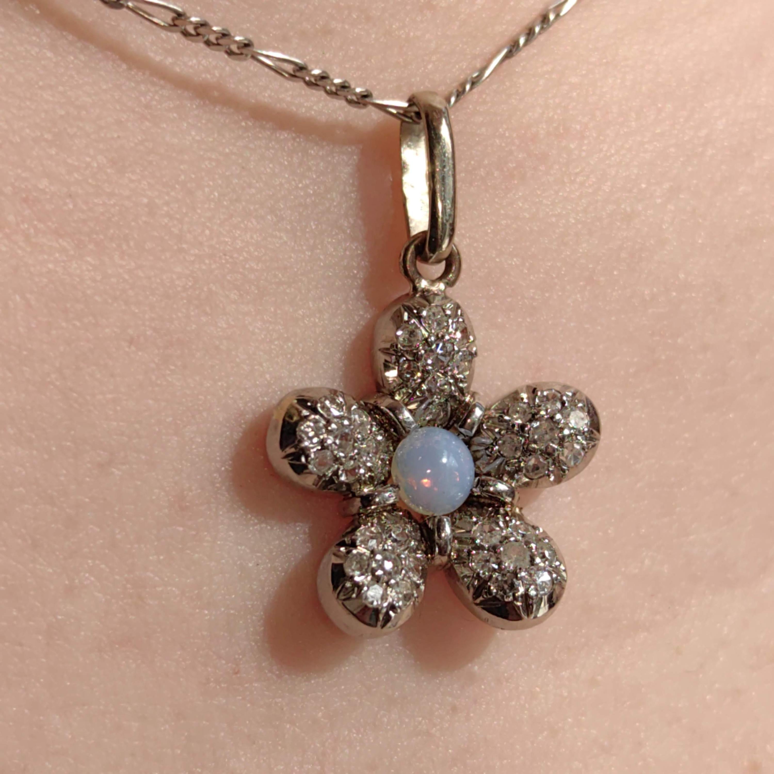 Art Deco Diamond Moonstone Flower Pendant: 18k White Gold Charm