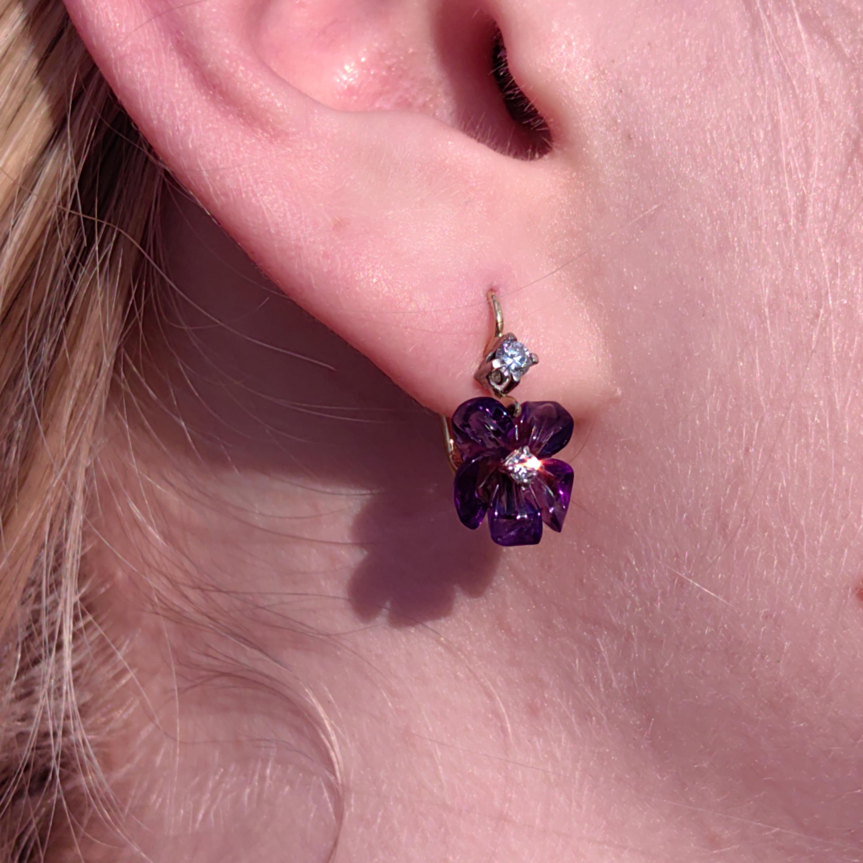Natural Amethyst and Diamond 18k Solid Gold Flower Sleepers Dormeuse Vintage Antique 1950s Elegant Purple Crystal Earrings Gift for Her