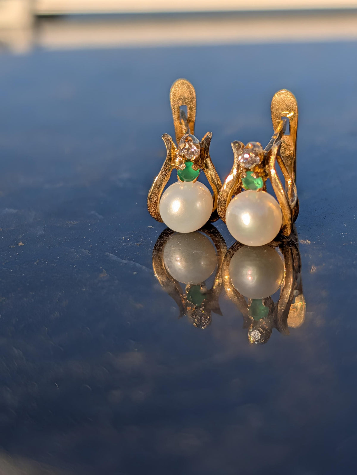 Mid Century 1950s Natural Emerald Diamond Pearl Earrings 18k Yellow Gold, Vintage Hallmarked Dangle Earrings Gift for Her