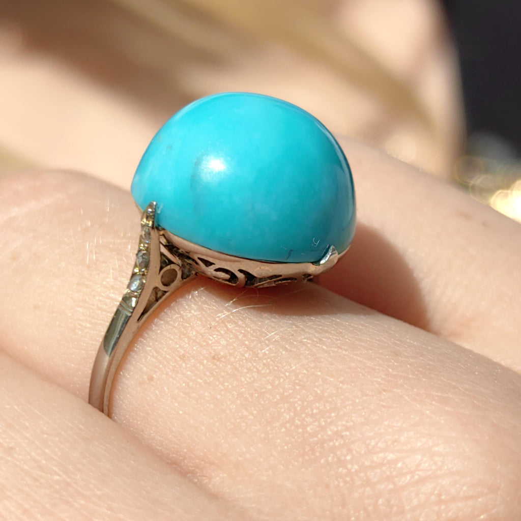 1920s Art Deco 18K White Gold Natural Blue Turquoise Diamond Ring, French Hallmark Antique Statement Engagement Jewelry