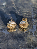 14k Two Tone Gold Diamond Shell Stud Earrings, Vintage Dainty Sea Ocean Earrings, 10mm Fine Jewelry Gift for Her Nautical Push Back
