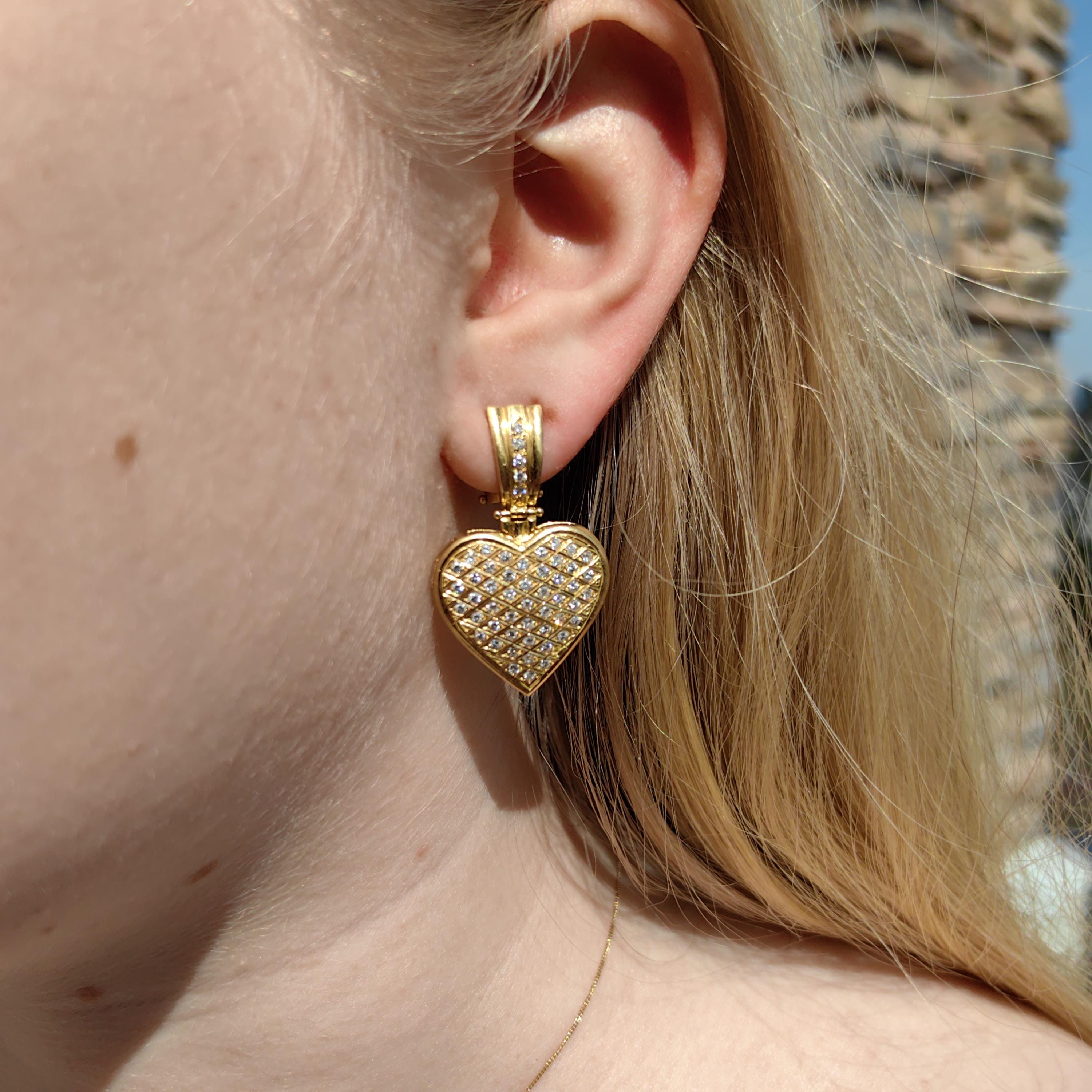Antique Diamond Heart Earrings: 18k Yellow Gold Dangle Earrings