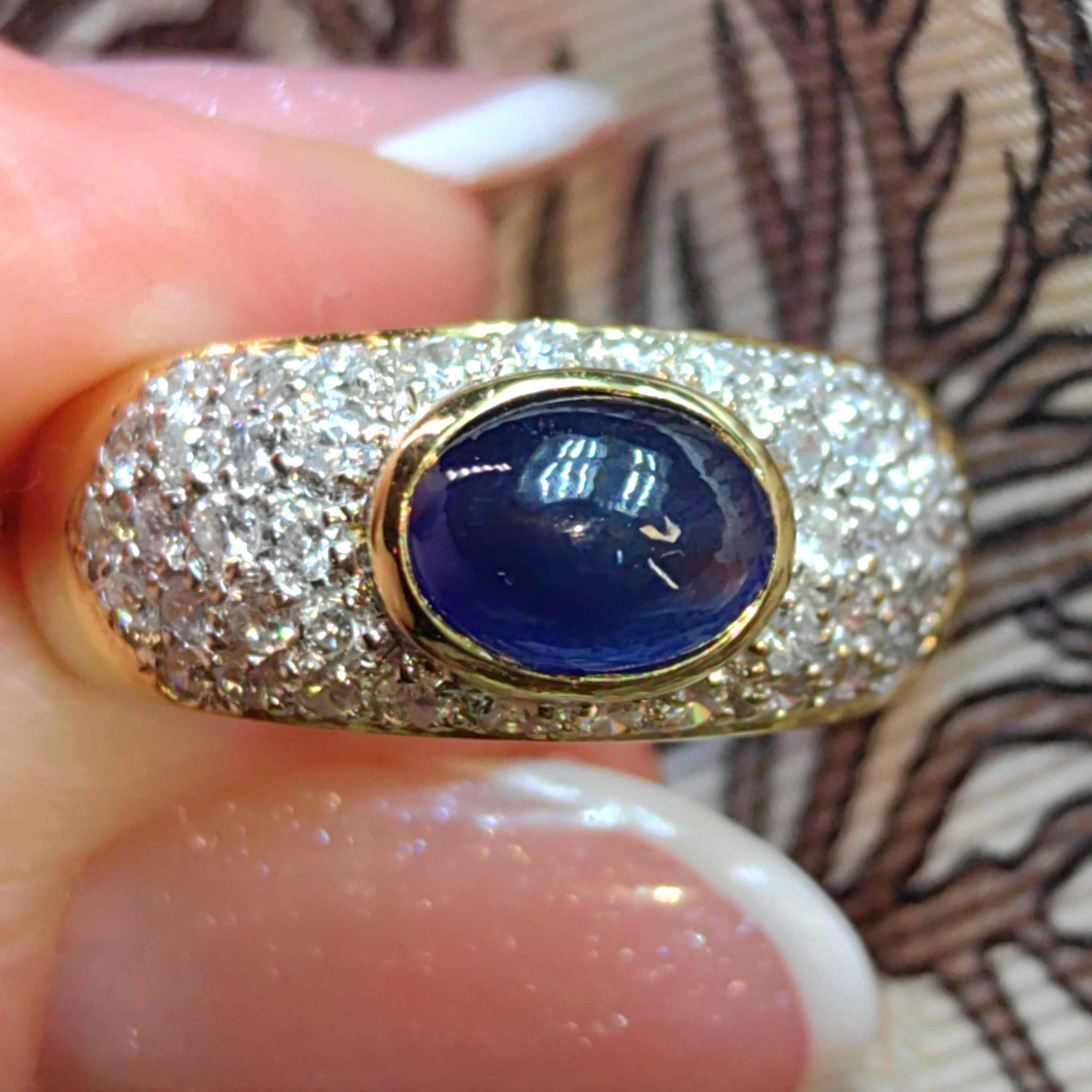 18k Gold Cabochon Sapphire & Diamond Ring - Unisex Statement