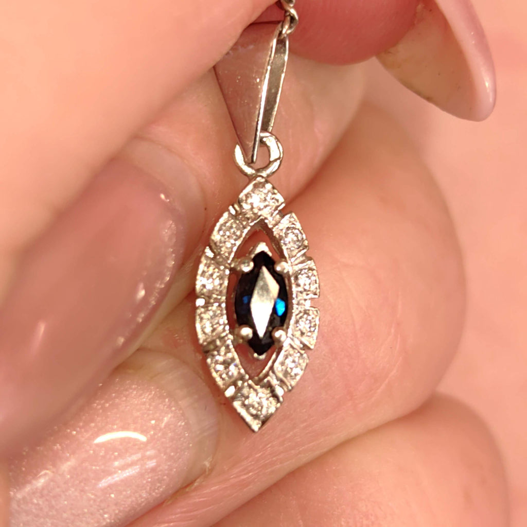 Vintage 14k Solid Yellow Gold Blue Sapphire Cluster Natural Diamond Necklace Pendant Bracelet Charm Gift for Her Retro Antique Pendant