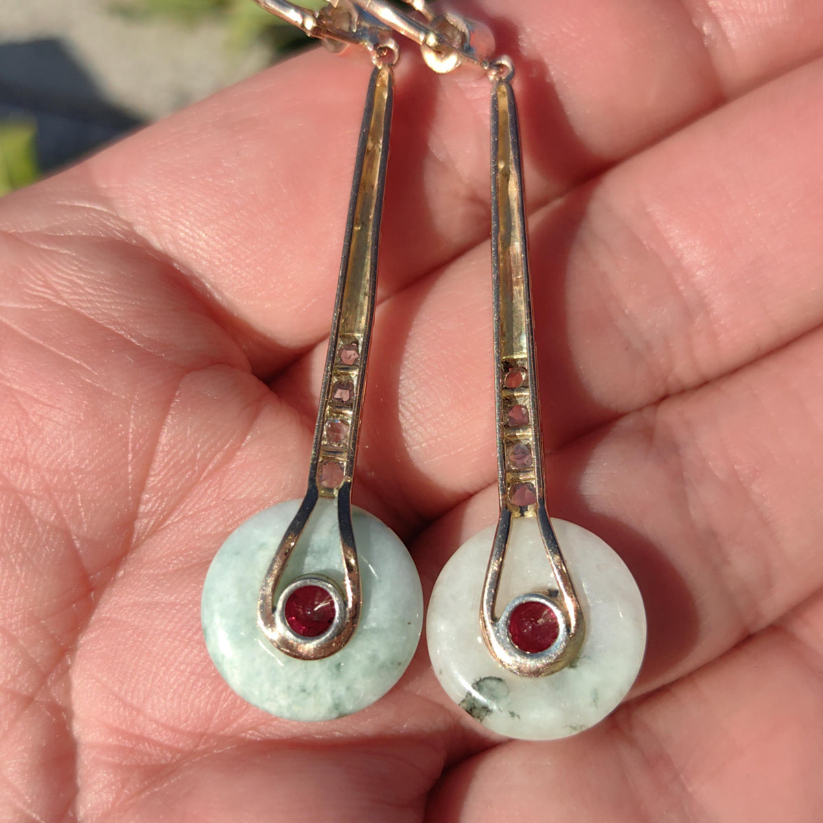 Unic Art Deco white/green Jade Drop Dangle Earrings old cut Diamond Natural Ruby 14k Solid white/yellow Gold ancient Jade discs stunning