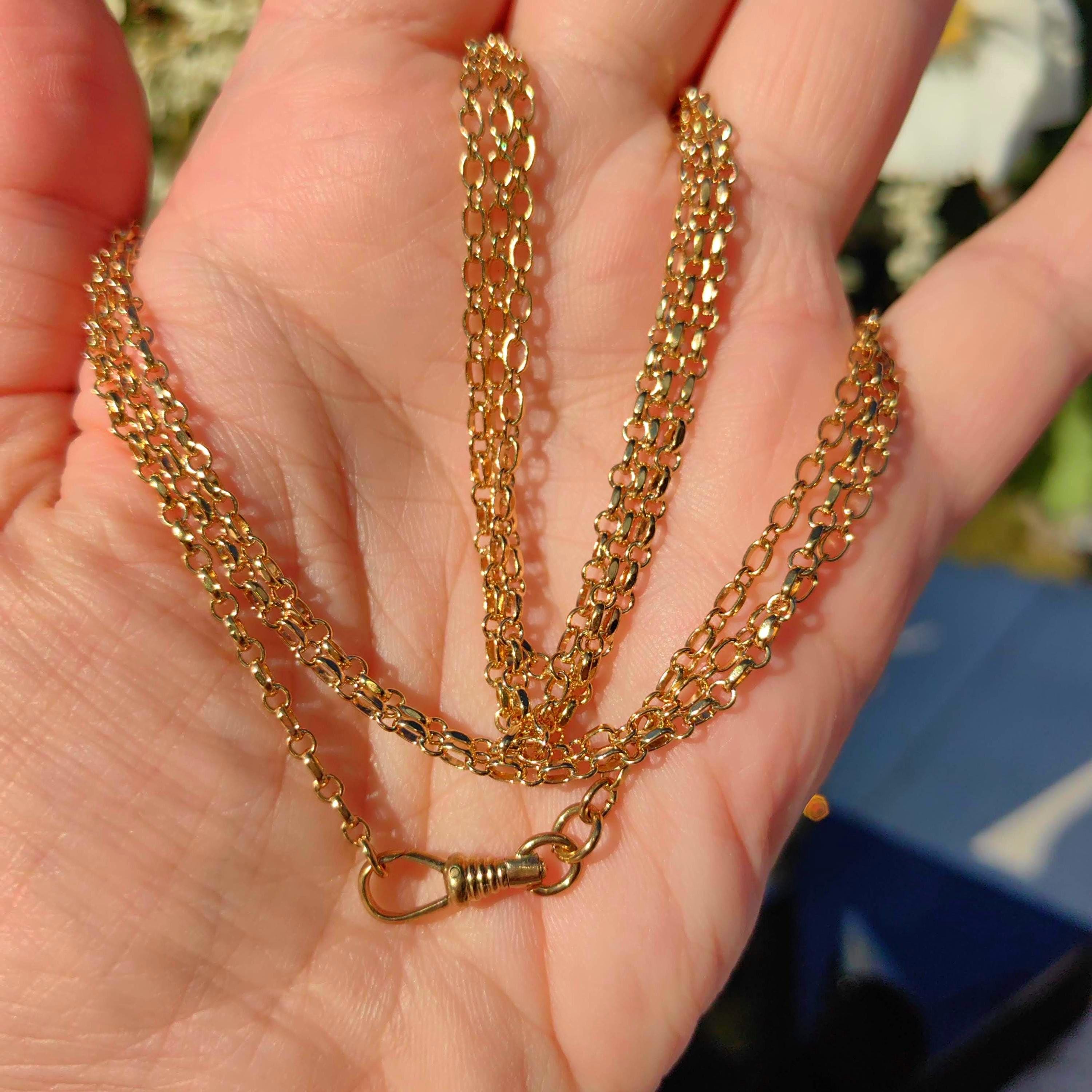 Vintage Gold Plated Long Chain: Handmade Dog Clip Closure