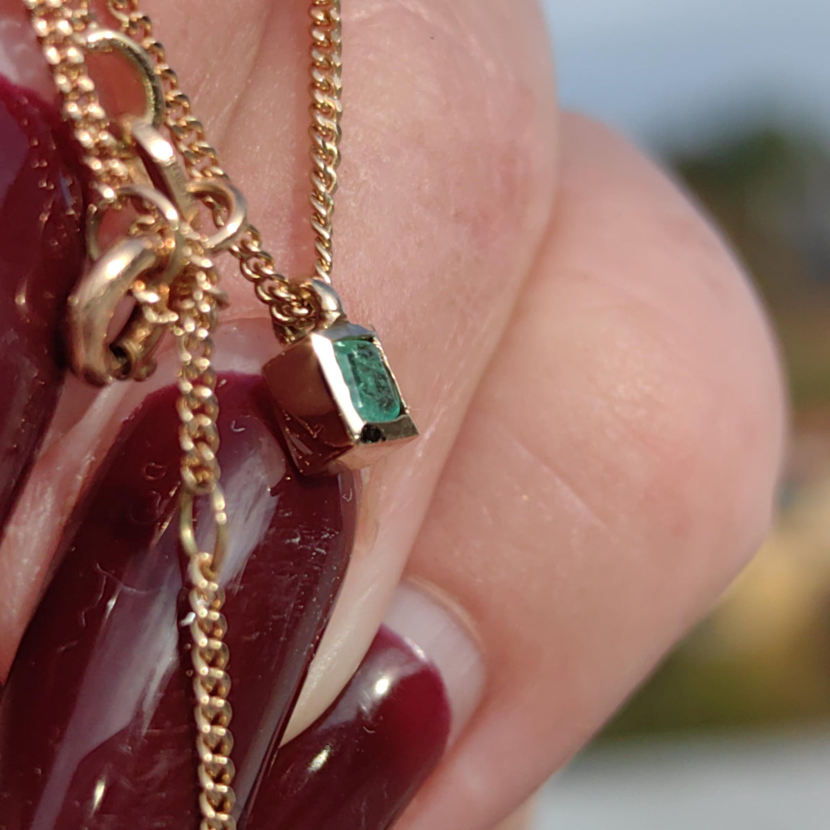 Emerald Gold Baguette Cut Solid Hallmarked Yellow Gold Long Pendant Necklace Antique Vintage 1980s Necklace Gift for her