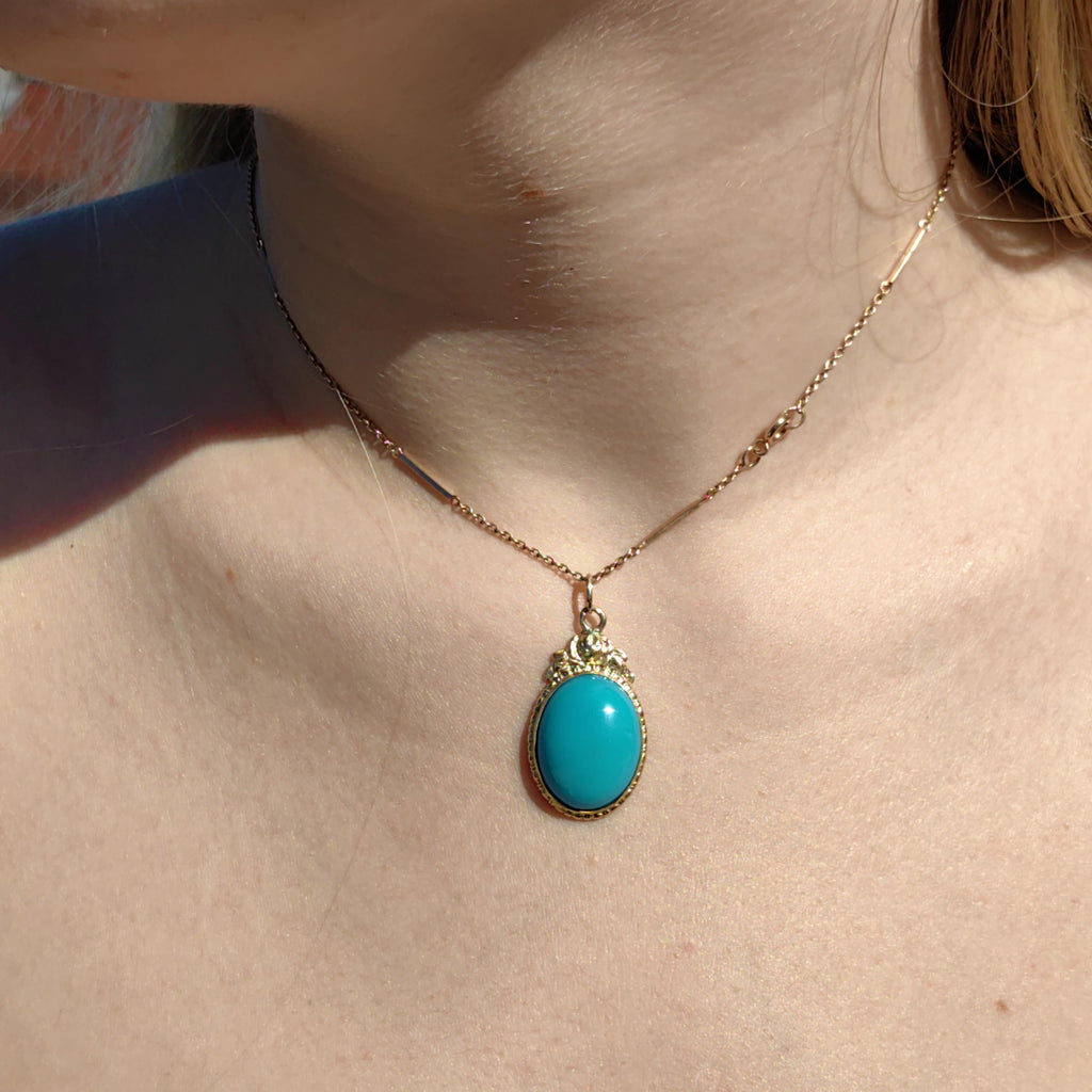 Art Deco 1920s Turquoise large oval quality natural mined Solid 14k Hallmarked Yellow Rose Gold Pendant Charm Necklace gift