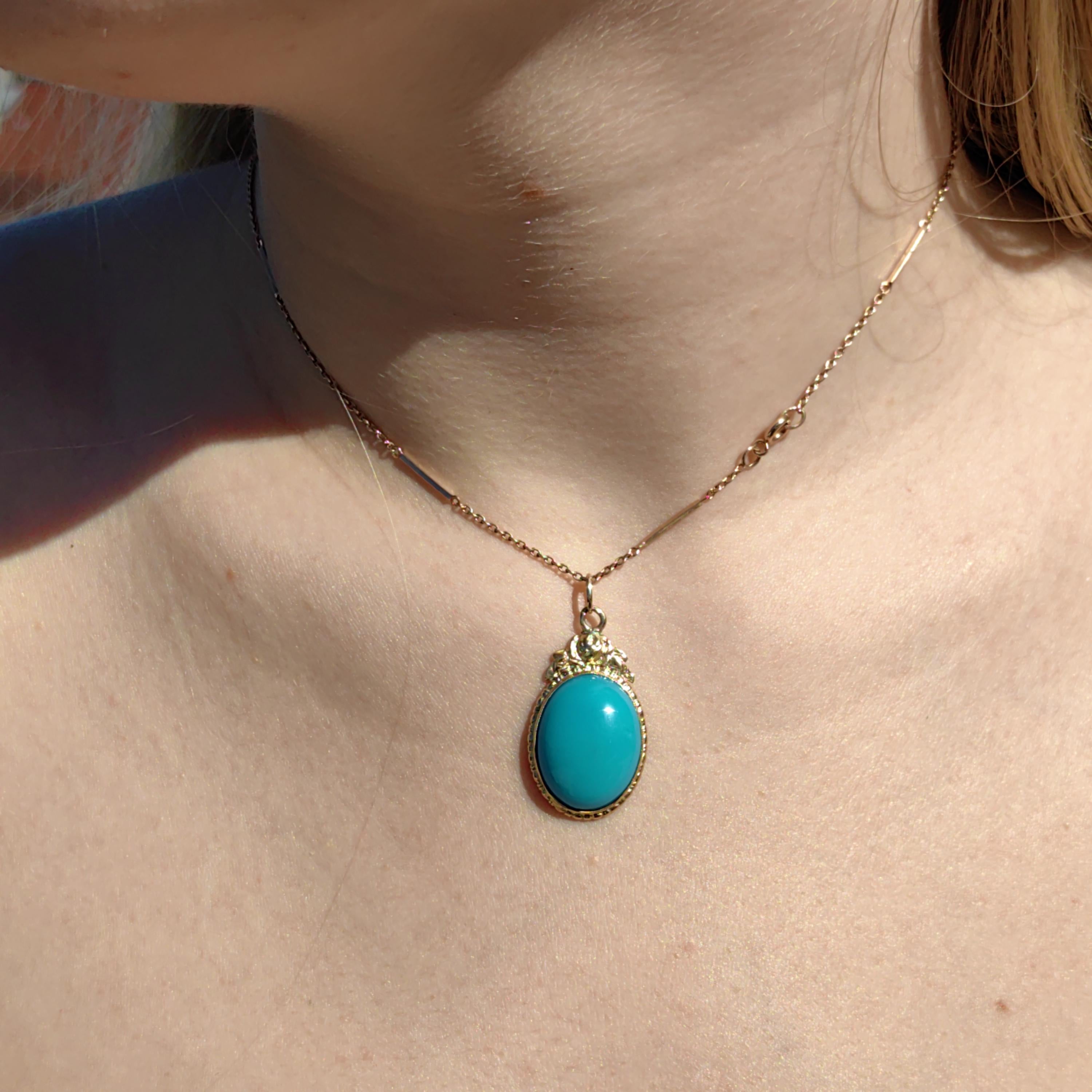 Art Deco 1920s Turquoise large oval quality natural mined Solid 14k Hallmarked Yellow Rose Gold Pendant Charm Necklace gift